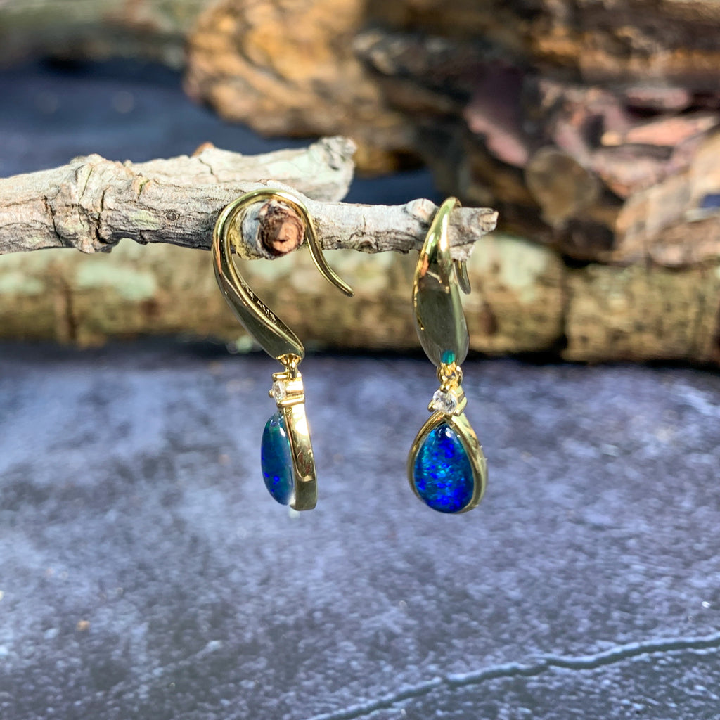 Gold plated silver dangling pearshape 8x5mm opal triplet earrings - Masterpiece Jewellery Opal & Gems Sydney Australia | Online Shop