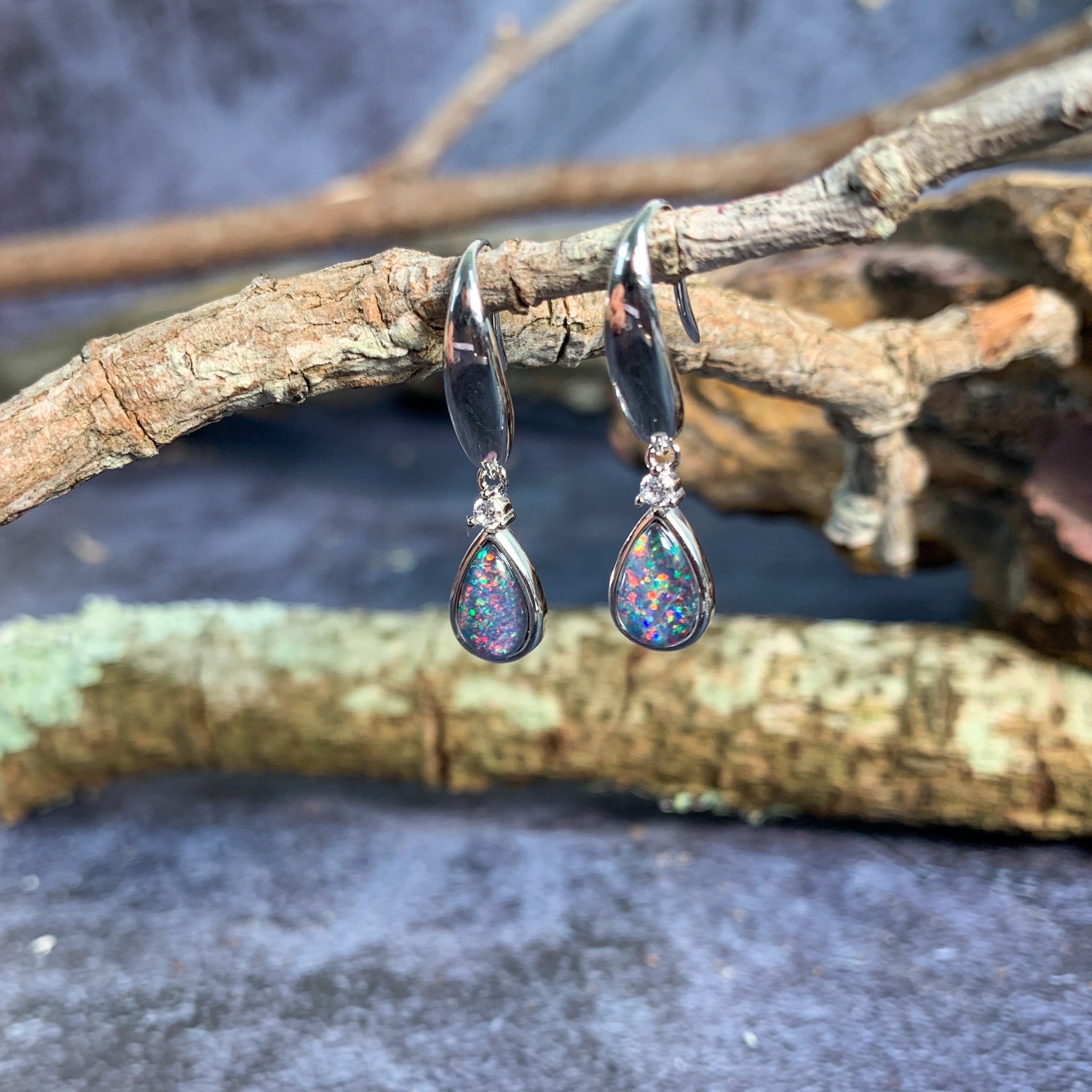 Sterling Silver bezel set dangling hook pearshape Opal triplet earrings - Masterpiece Jewellery Opal & Gems Sydney Australia | Online Shop