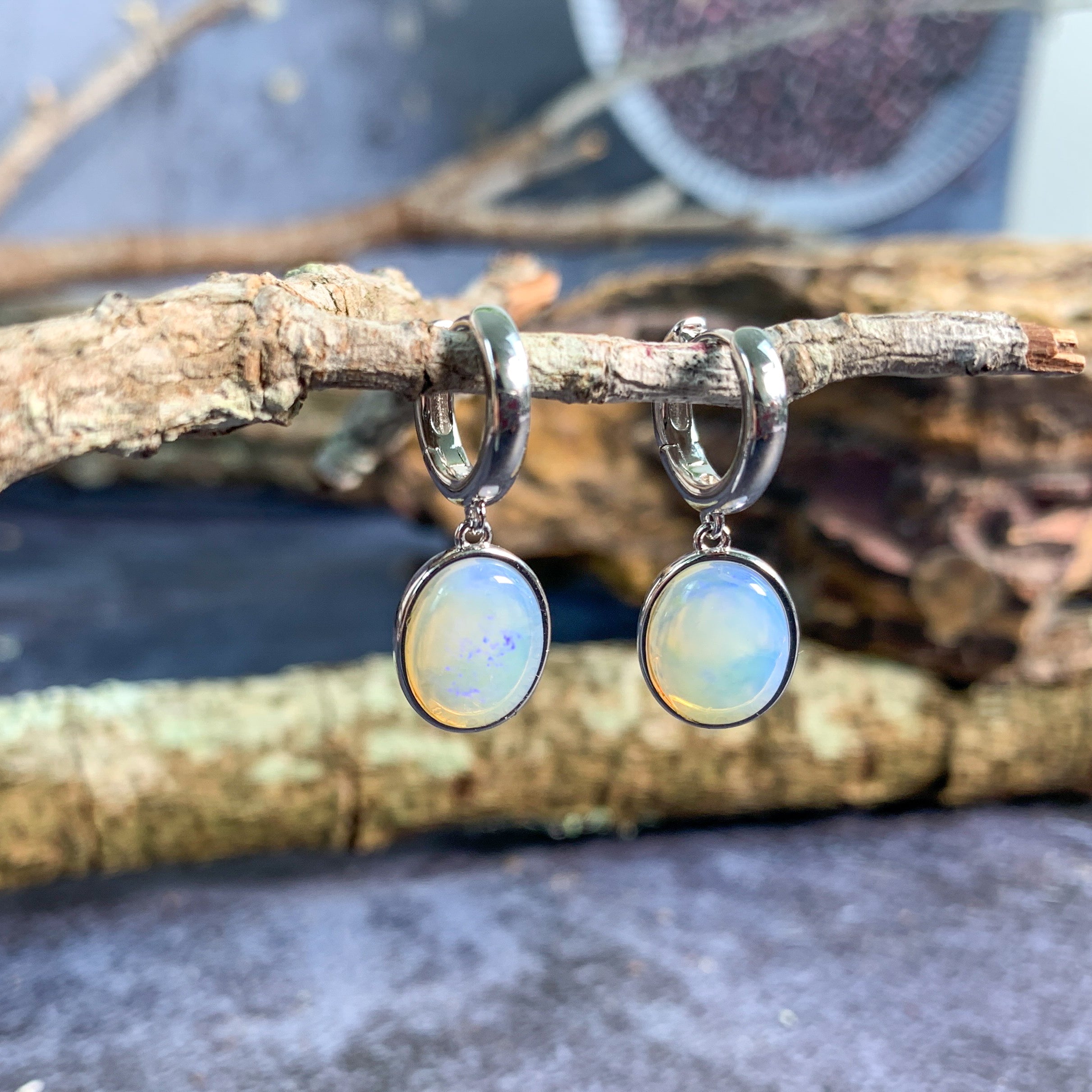 Sterling Silver dangling White Opal 10x8mm pair of Huggies - Masterpiece Jewellery Opal & Gems Sydney Australia | Online Shop