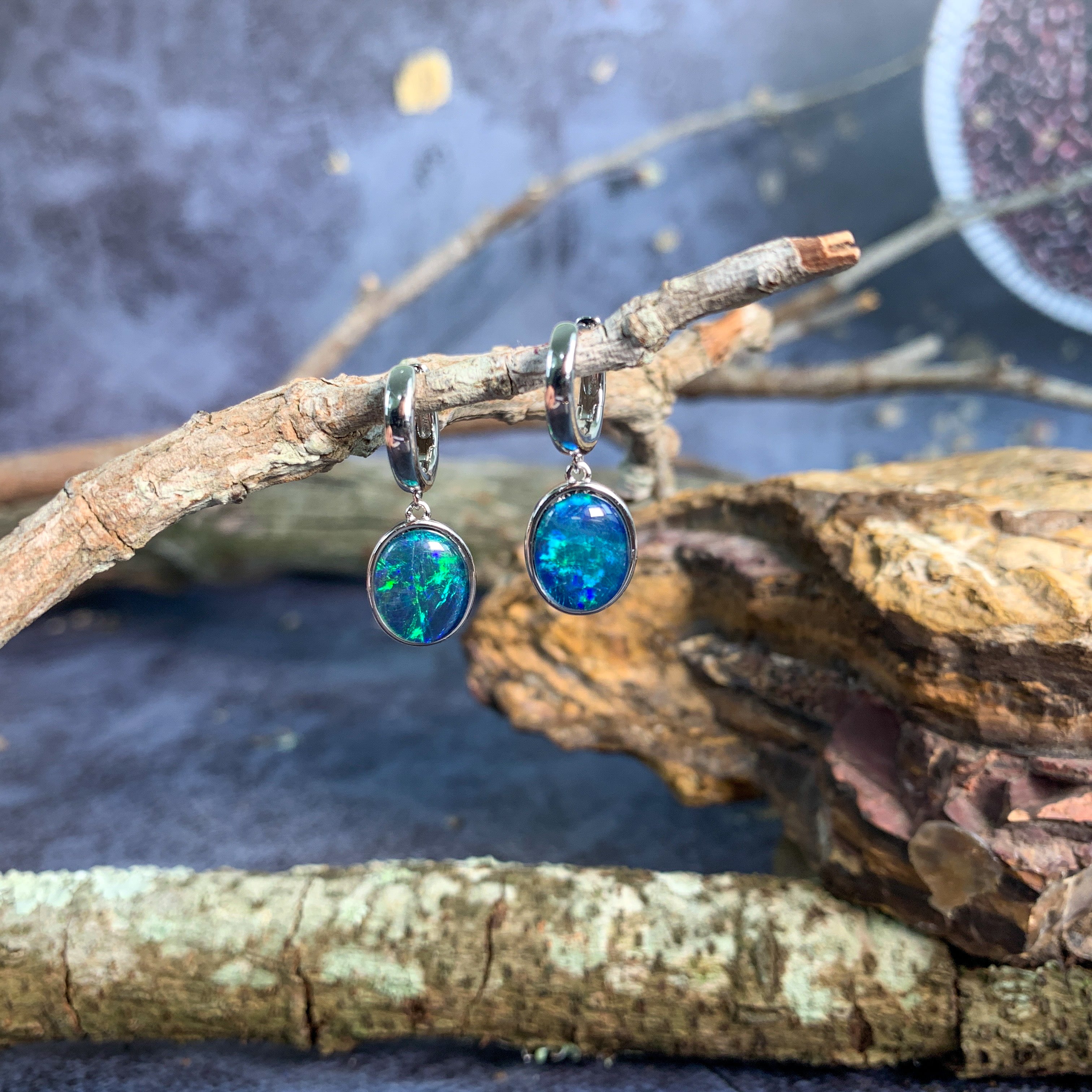 Sterling Silver huggie dangling Opal triplet earrings - Masterpiece Jewellery Opal & Gems Sydney Australia | Online Shop