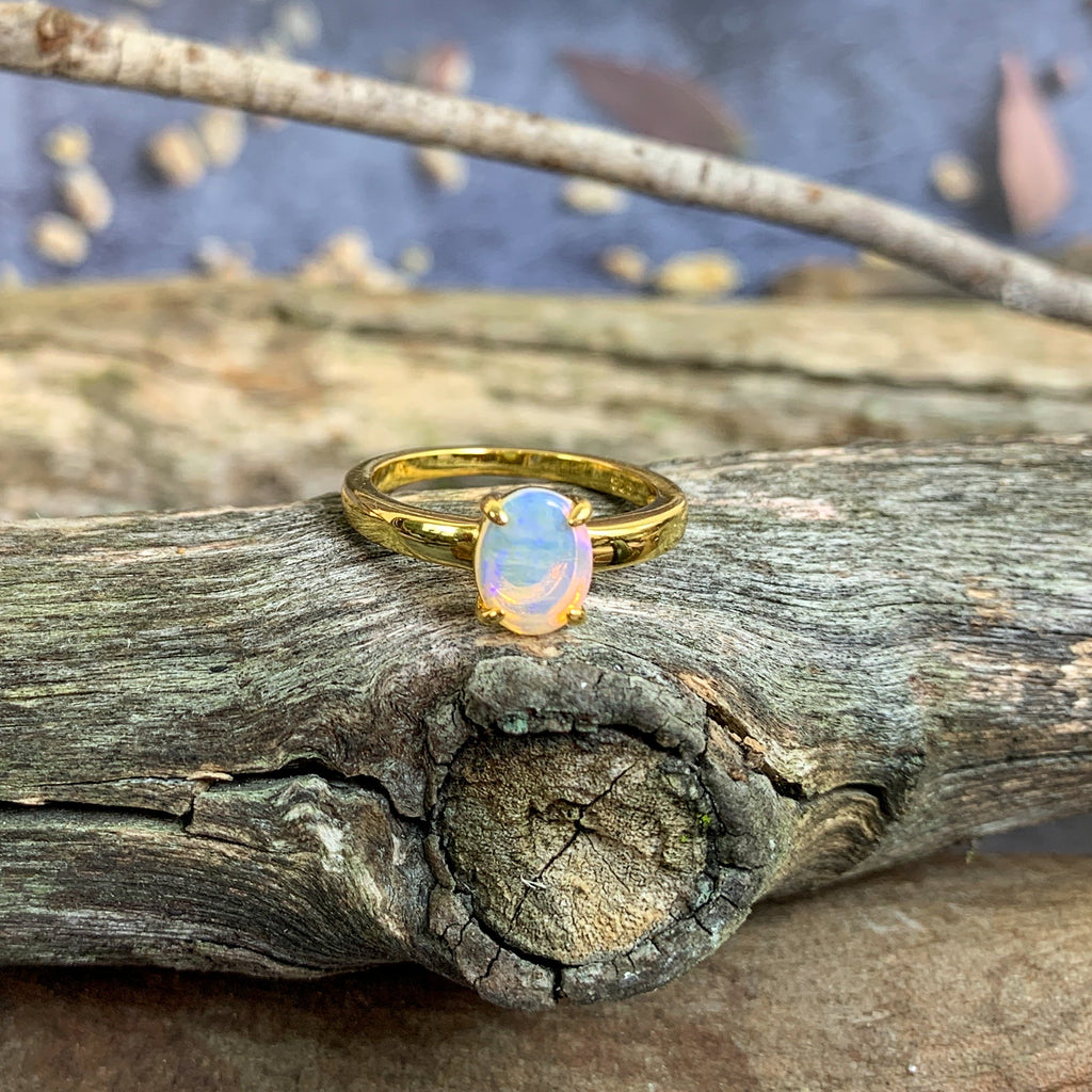 Gold plated silver White Opal 8x6mm solitaire ring - Masterpiece Jewellery Opal & Gems Sydney Australia | Online Shop