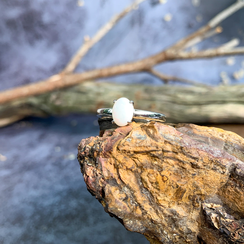Sterling Silver solitaire 8x6mm White Opal ring - Masterpiece Jewellery Opal & Gems Sydney Australia | Online Shop