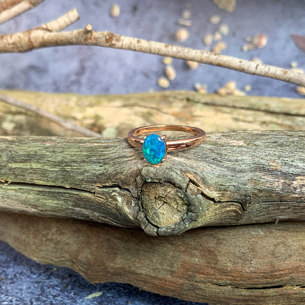 One Rose Gold plated silver solitaire 8x6mm Opal triplet ring - Masterpiece Jewellery Opal & Gems Sydney Australia | Online Shop