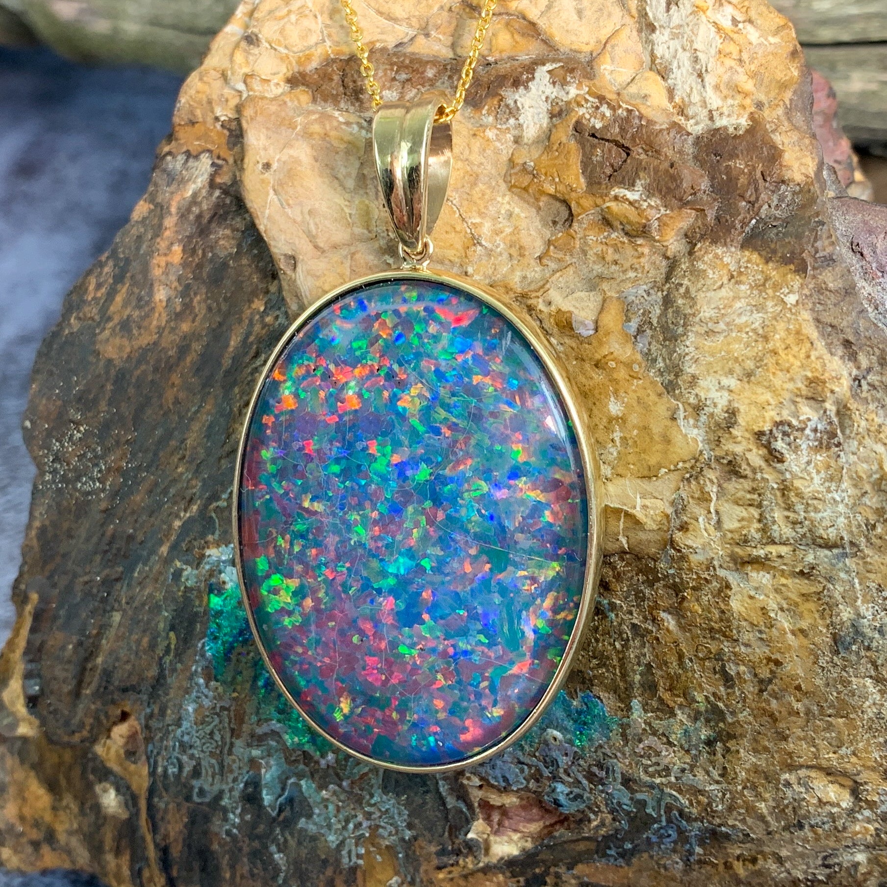 9kt Yellow Gold Opal bezel set 40x30mm vertical pendant - Masterpiece Jewellery Opal & Gems Sydney Australia | Online Shop