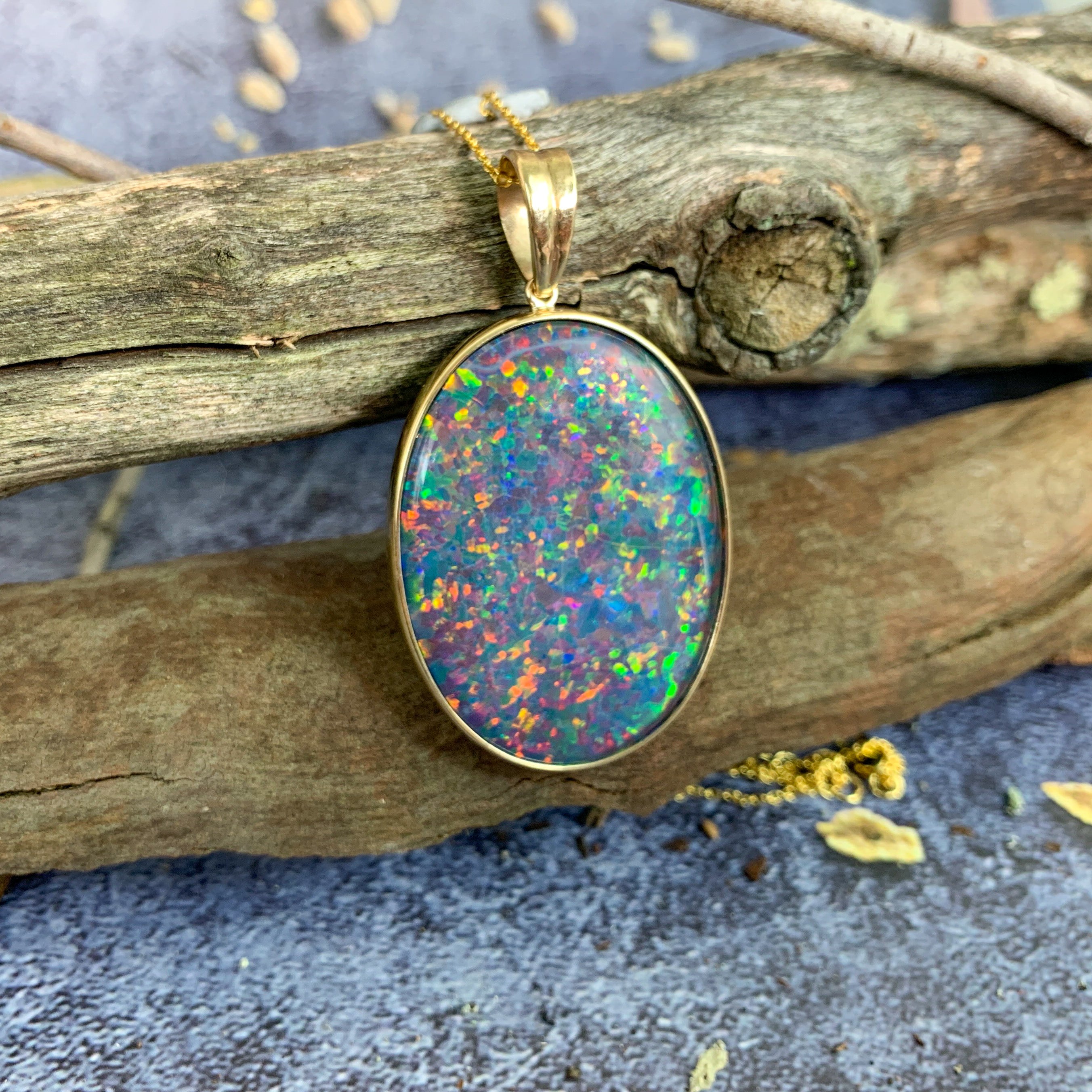 9kt Yellow Gold Opal bezel set 40x30mm vertical pendant - Masterpiece Jewellery Opal & Gems Sydney Australia | Online Shop