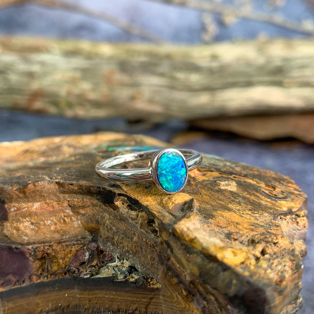14kt White Gold Solitaire Opal doublet Blue Green bezel set ring` - Masterpiece Jewellery Opal & Gems Sydney Australia | Online Shop