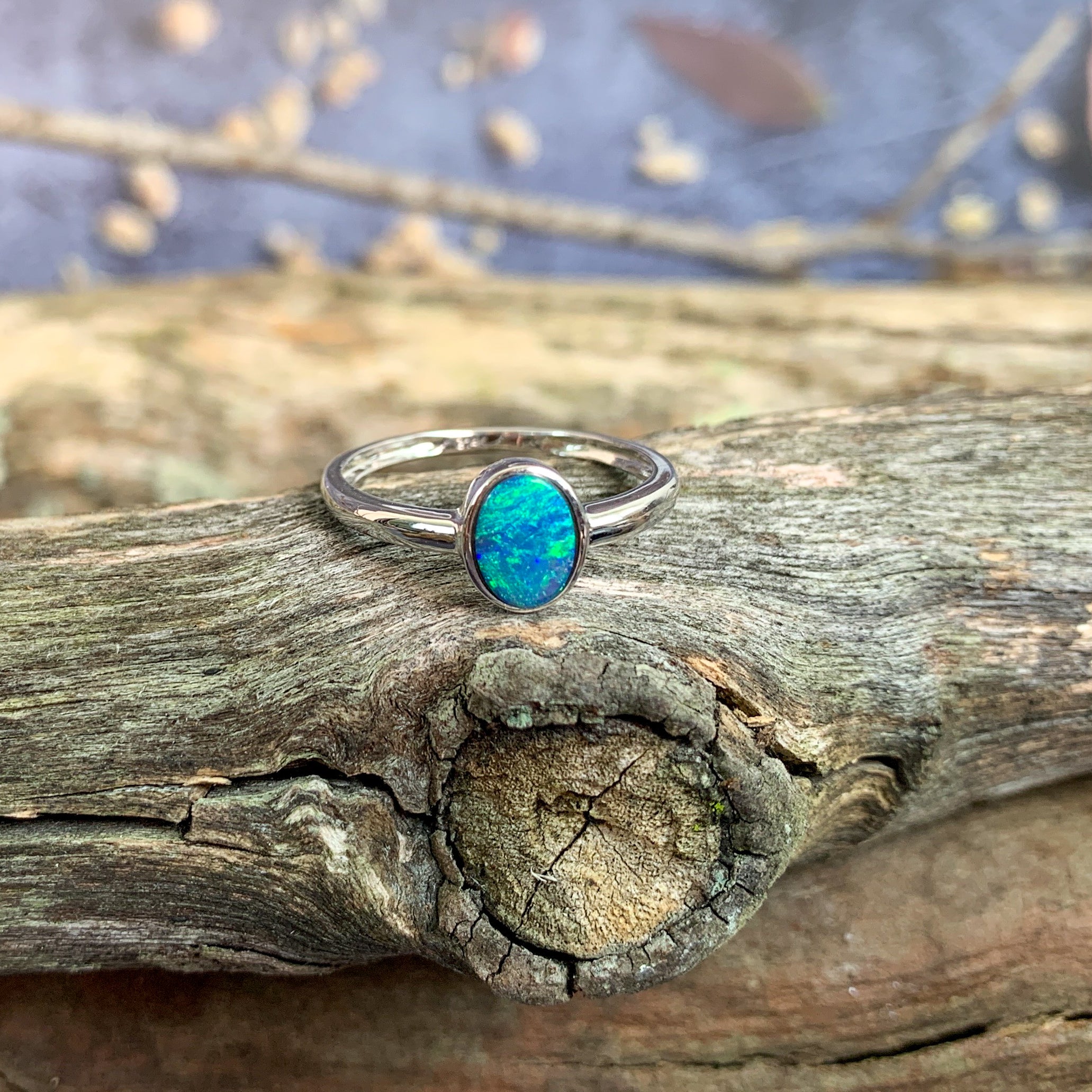 14kt White Gold Solitaire Opal doublet Blue Green bezel set ring` - Masterpiece Jewellery Opal & Gems Sydney Australia | Online Shop