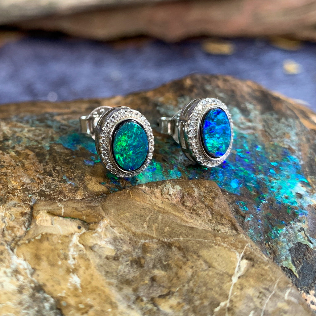 Pair of Sterling Silver Oval cluster Opal studs - Masterpiece Jewellery Opal & Gems Sydney Australia | Online Shop