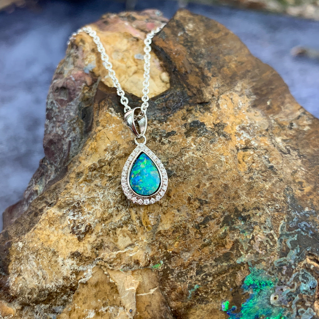 Sterling Silver pearshape Opal doublet surrounded by diamonds halo pendant - Masterpiece Jewellery Opal & Gems Sydney Australia | Online Shop