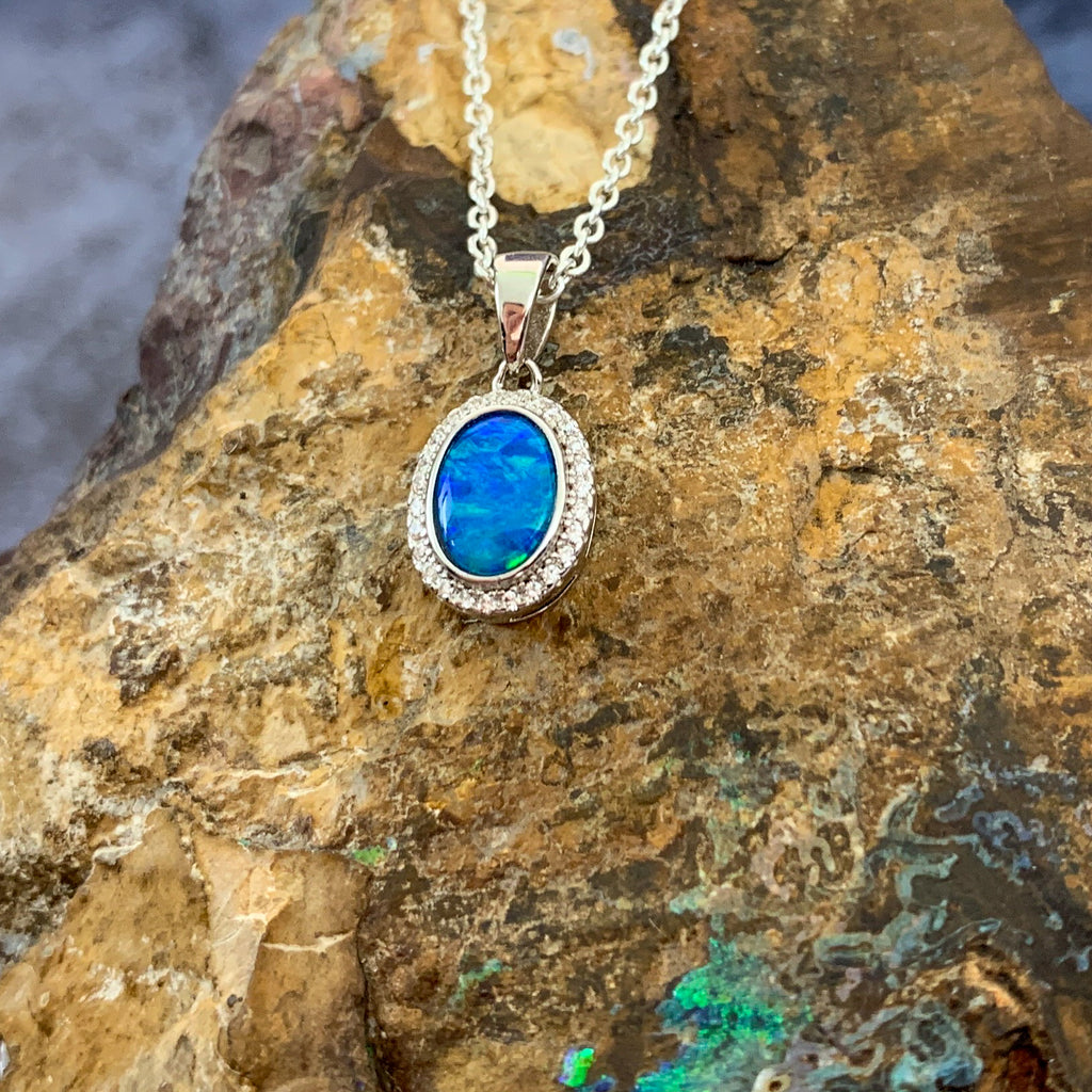 Sterling Silver Oval Halo Opal pendant - Masterpiece Jewellery Opal & Gems Sydney Australia | Online Shop