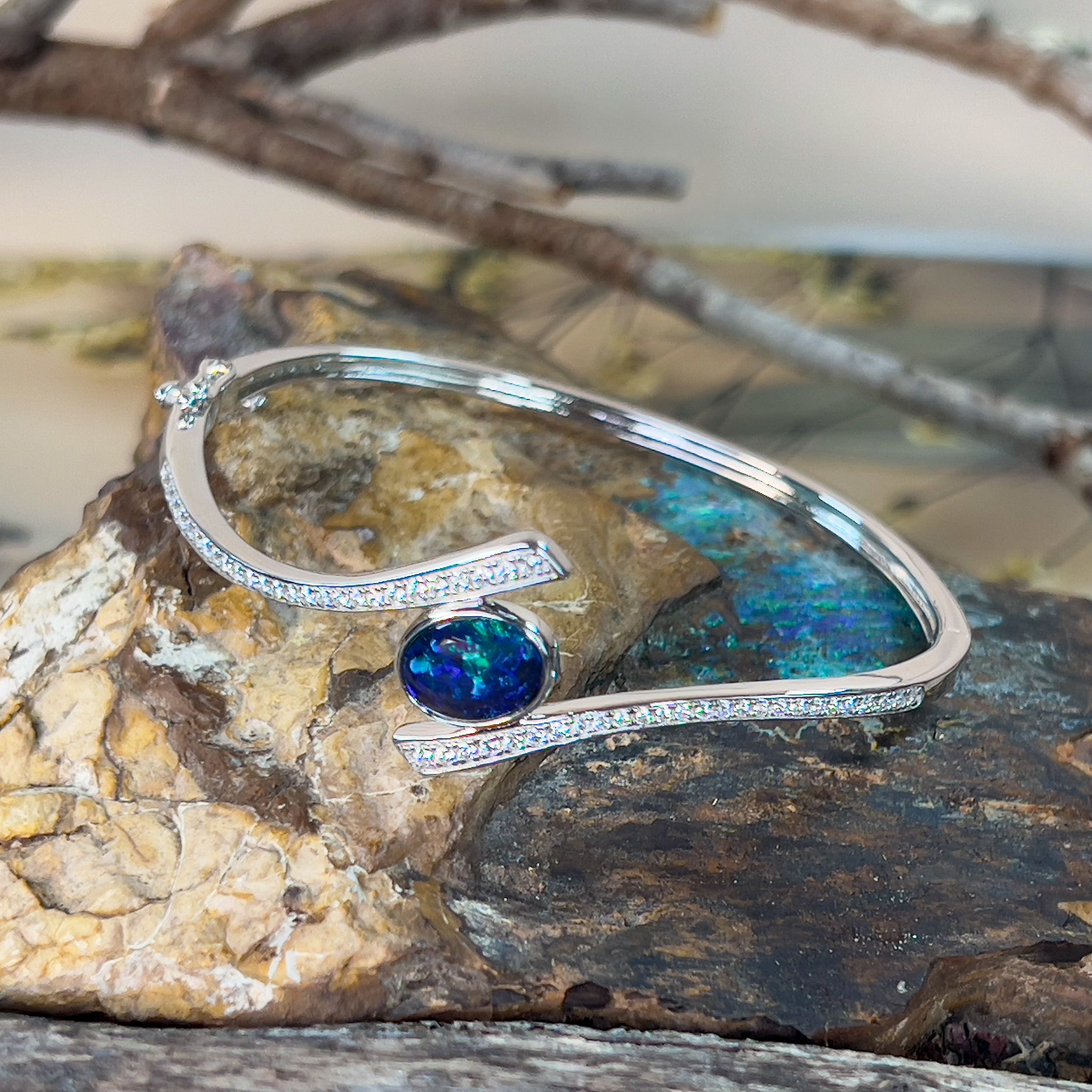 Sterling Silver cross over snap bangle with Opal triplet and cz - Masterpiece Jewellery Opal & Gems Sydney Australia | Online Shop