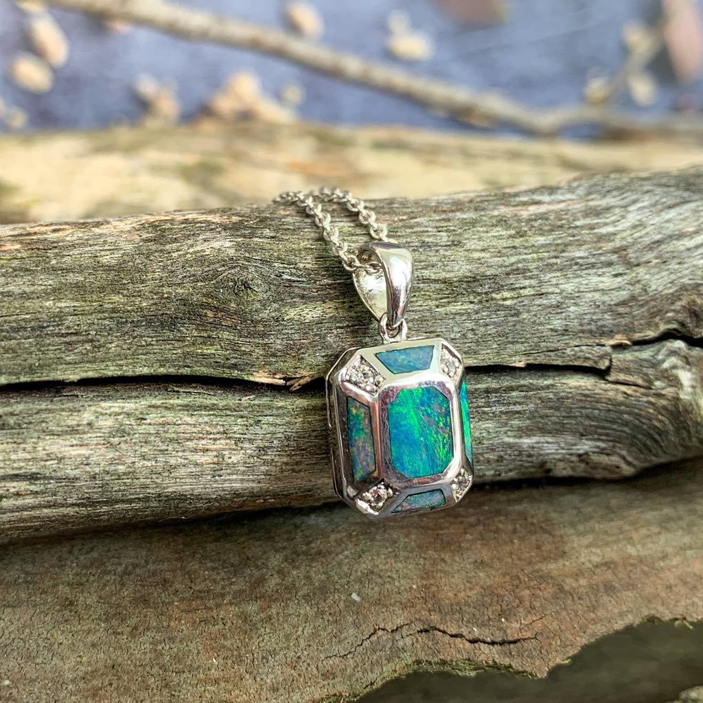 Sterling Silver Opal inlay rectanular shape necklace - Masterpiece Jewellery Opal & Gems Sydney Australia | Online Shop