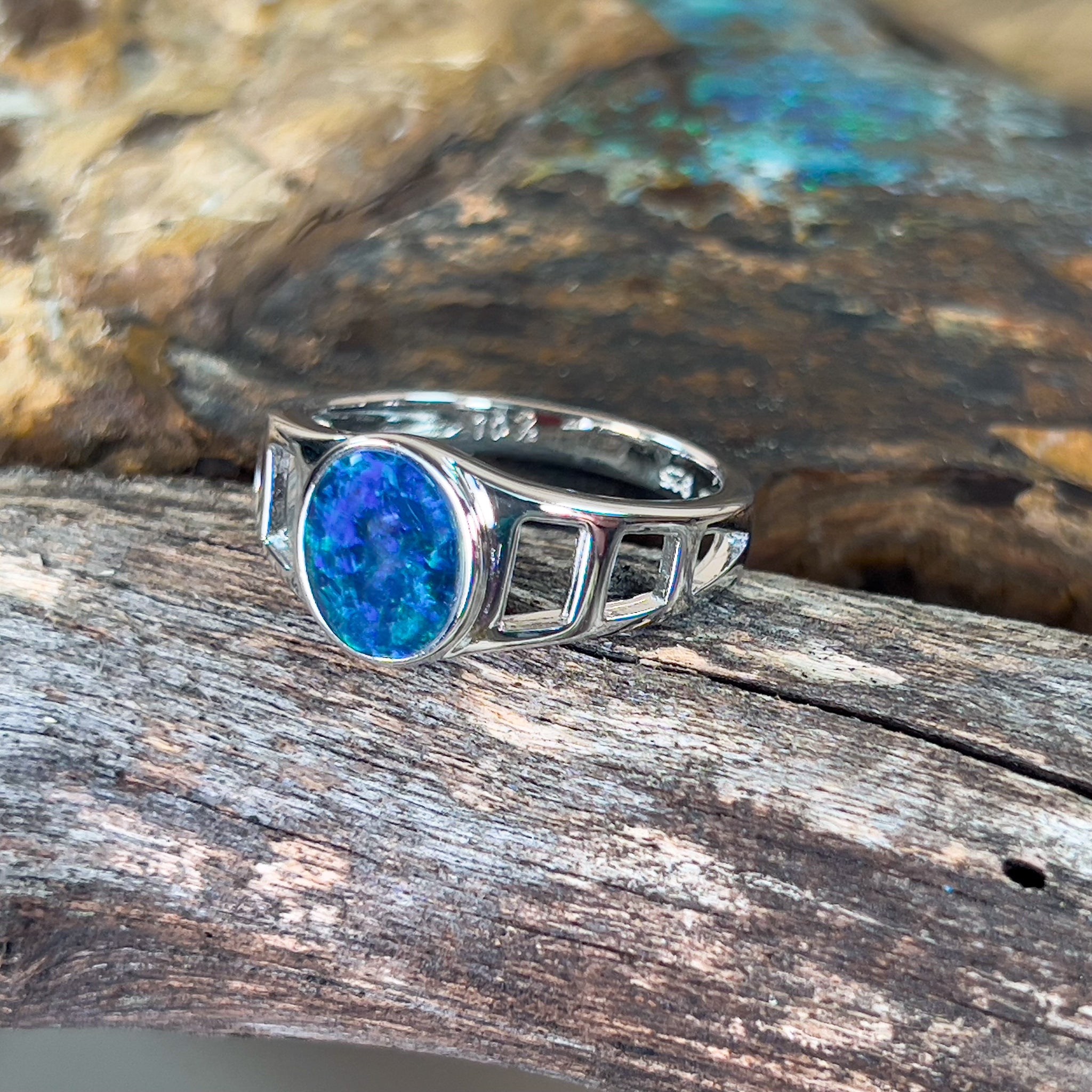 Sterling Silver cut out Opal triplet gents ring 10x8mm Blue Green - Masterpiece Jewellery Opal & Gems Sydney Australia | Online Shop