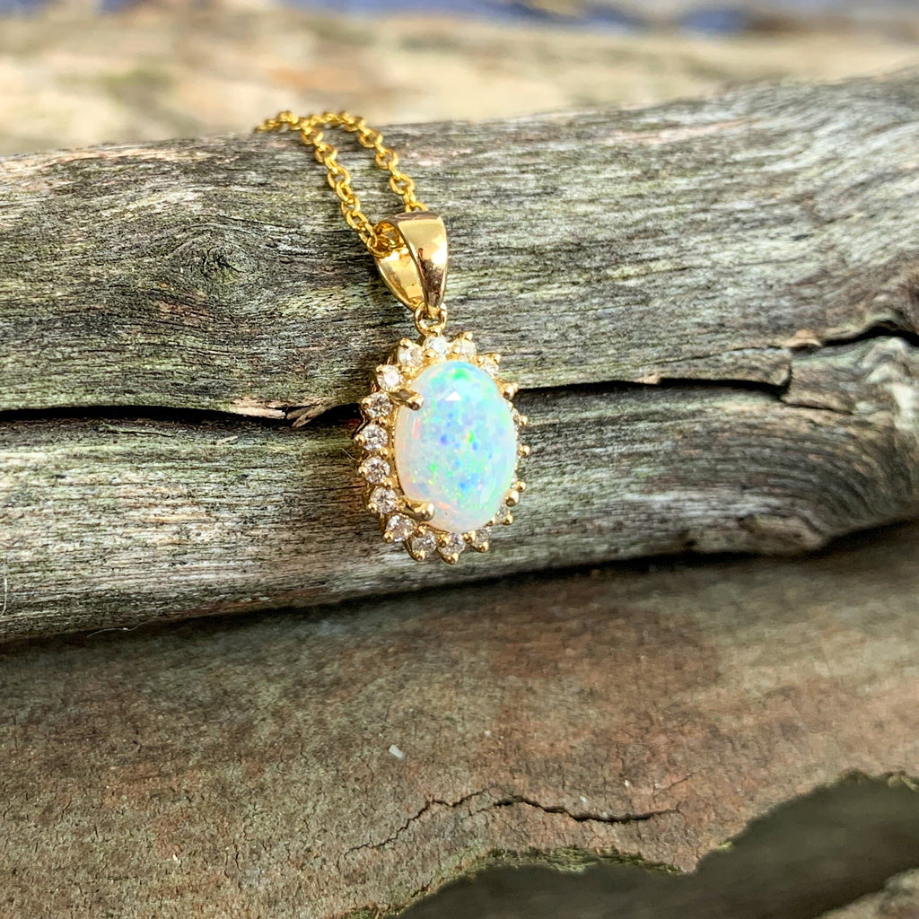 14kt Yellow Gold cluster pendant Opal and diamonds - Masterpiece Jewellery Opal & Gems Sydney Australia | Online Shop