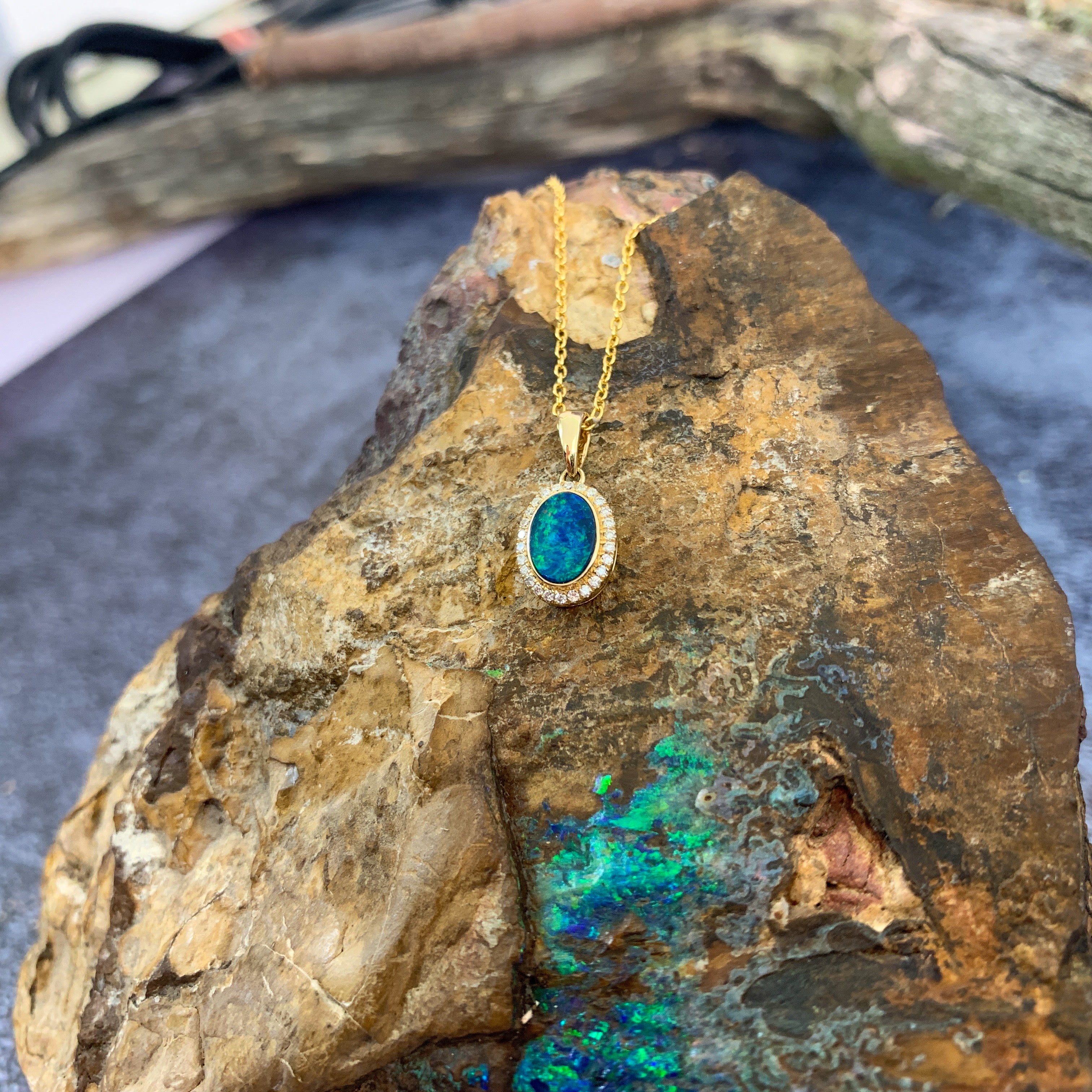 One 14kt Yellow Gold Oval Opal doublet halo pendant - Masterpiece Jewellery Opal & Gems Sydney Australia | Online Shop