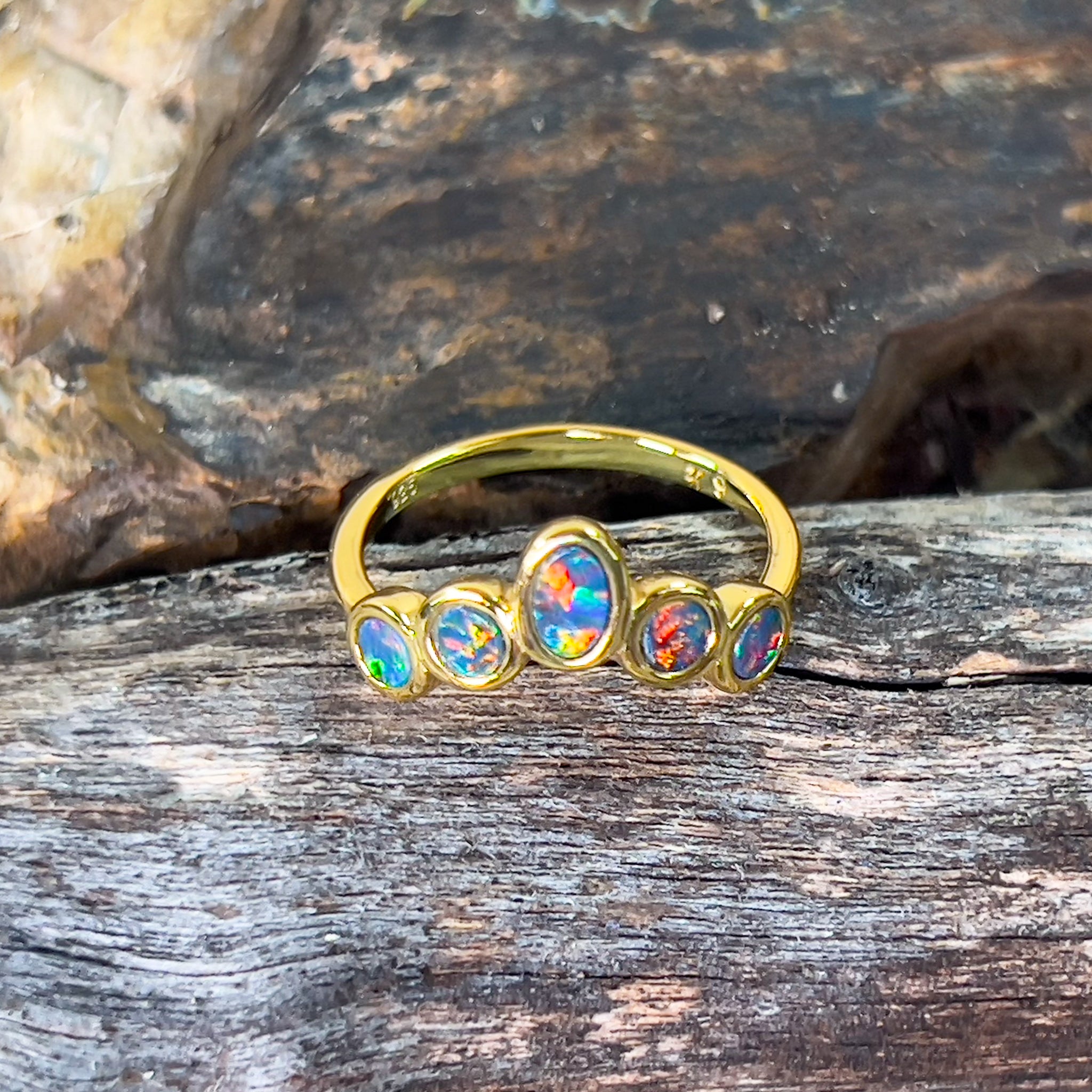Gold plated sterling silver shaped band five opal doublets - Masterpiece Jewellery Opal & Gems Sydney Australia | Online Shop