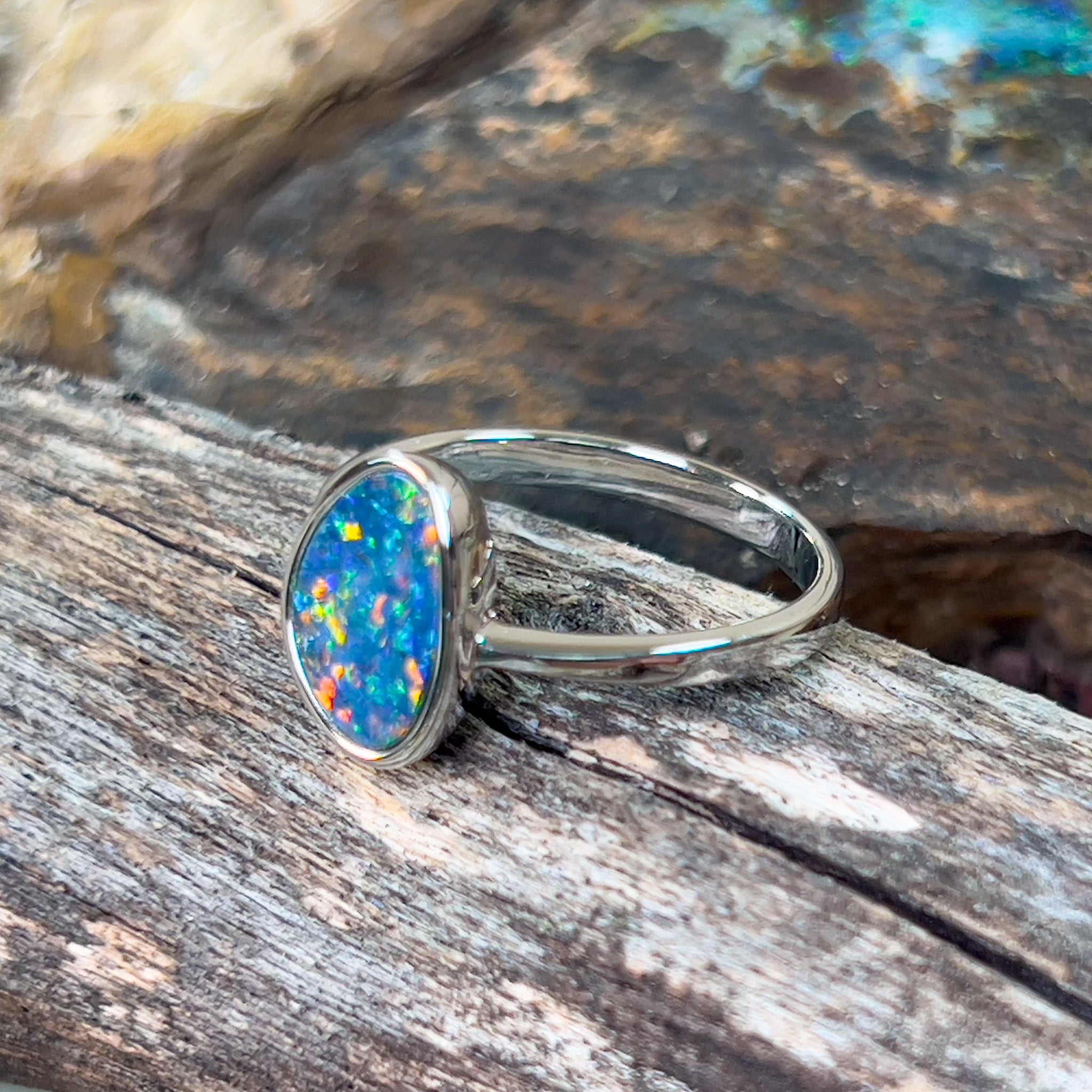 Sterling Silver bezel set freeform Opal doublet ring - Masterpiece Jewellery Opal & Gems Sydney Australia | Online Shop