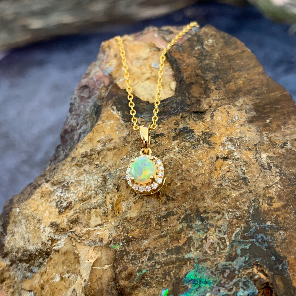 18kt Yellow Gold round Opal halo pendant - Masterpiece Jewellery Opal & Gems Sydney Australia | Online Shop