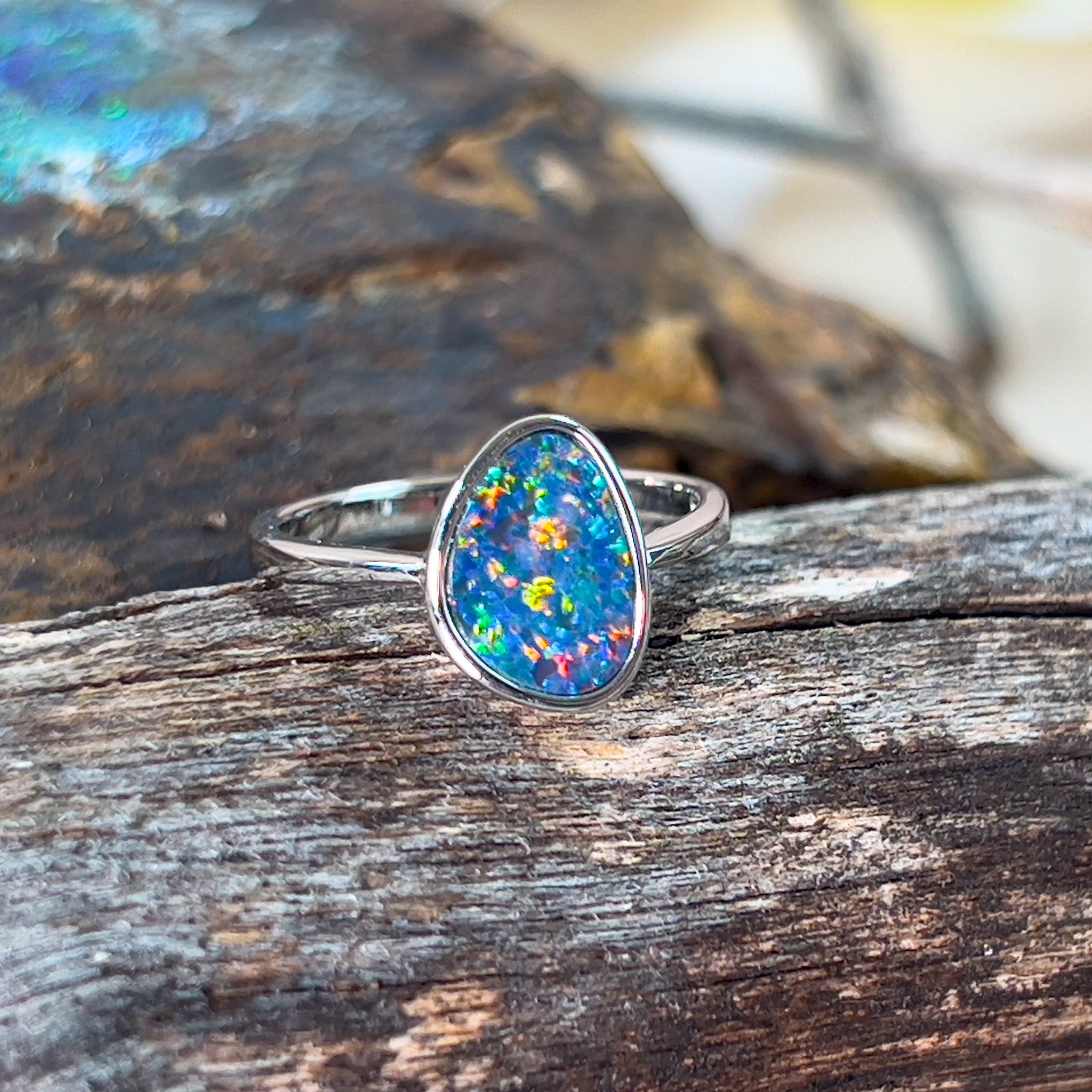 Sterling Silver bezel set freeform Opal doublet ring - Masterpiece Jewellery Opal & Gems Sydney Australia | Online Shop