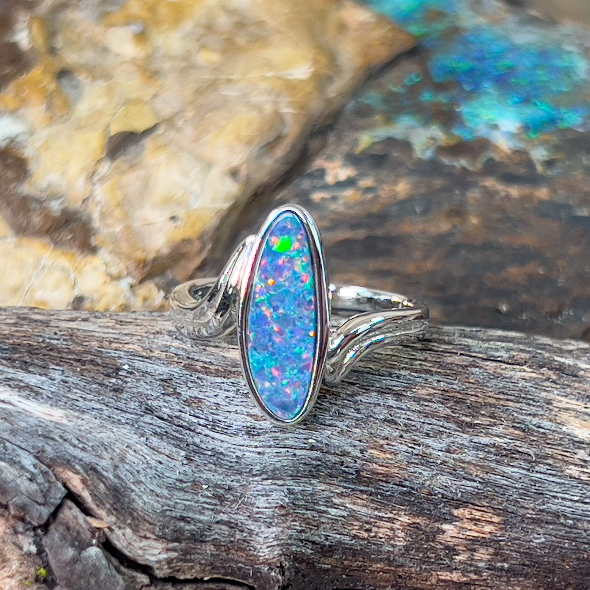 Sterling Silver Long Oval Opal doublet ring - Masterpiece Jewellery Opal & Gems Sydney Australia | Online Shop