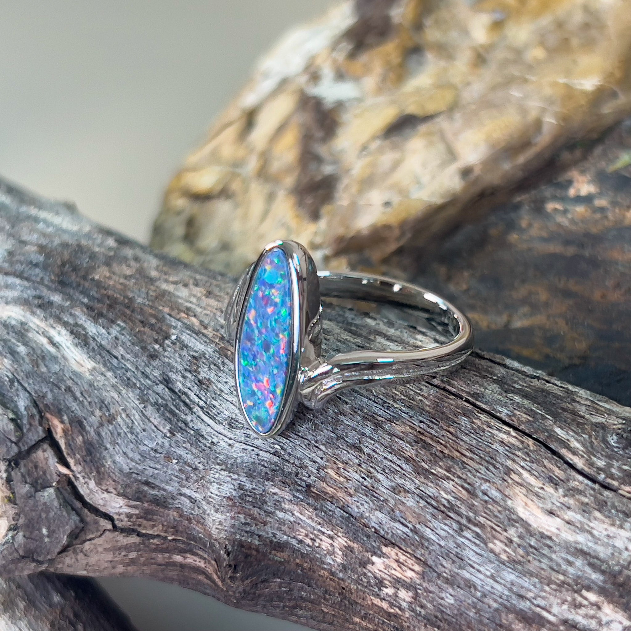 Sterling Silver Long Oval Opal doublet ring - Masterpiece Jewellery Opal & Gems Sydney Australia | Online Shop