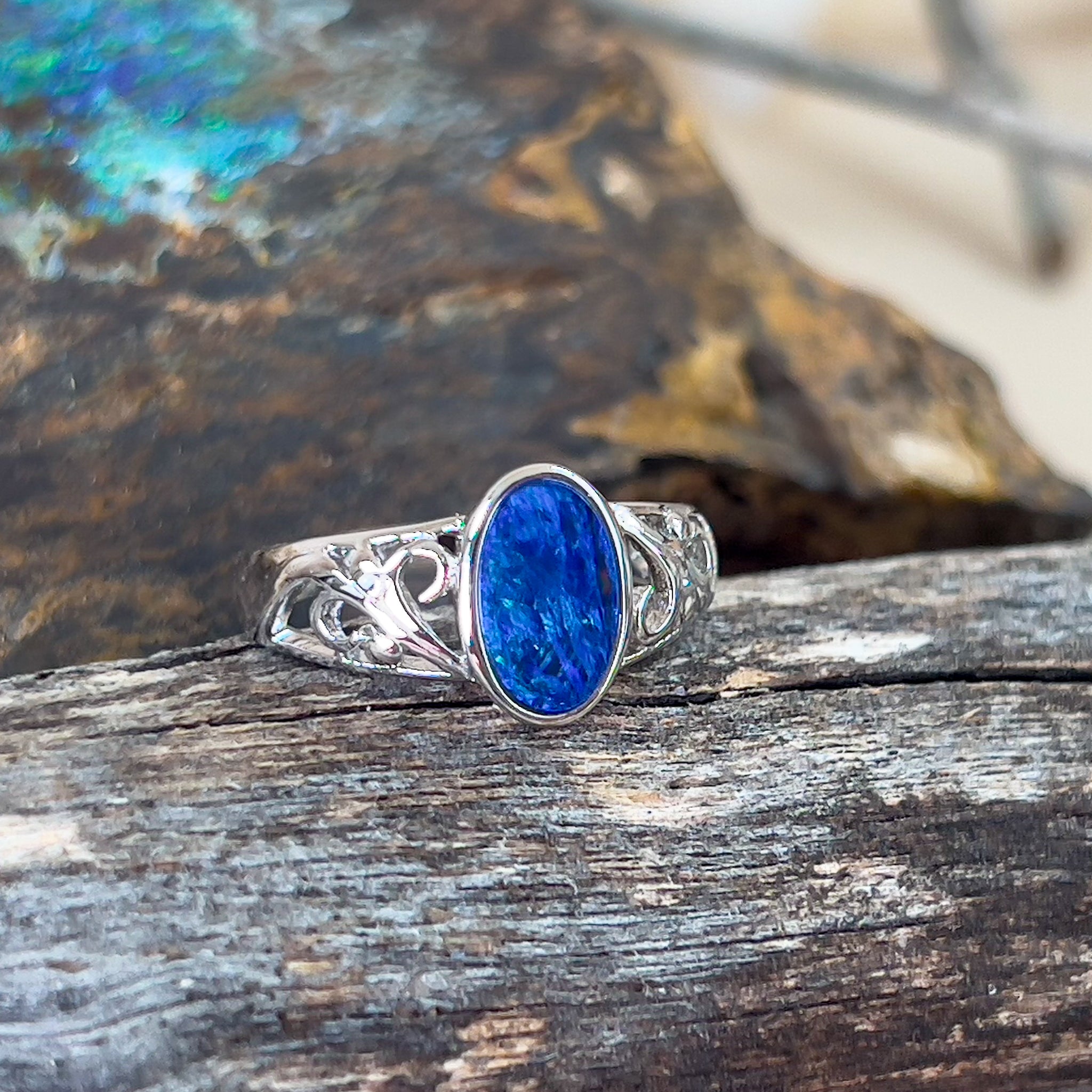 Sterling Silver Blue Opal doublet pattern band - Masterpiece Jewellery Opal & Gems Sydney Australia | Online Shop
