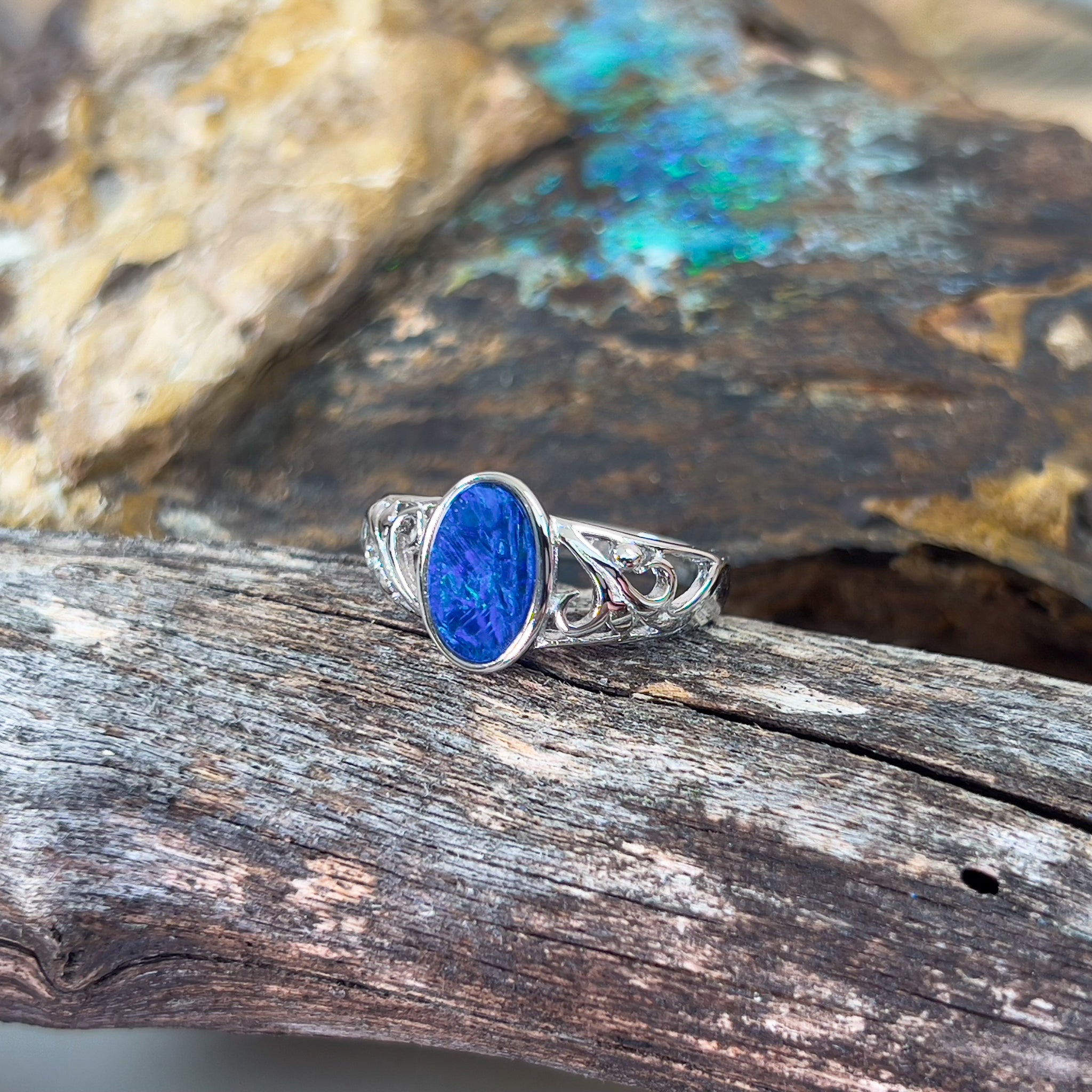 Sterling Silver Blue Opal doublet pattern band - Masterpiece Jewellery Opal & Gems Sydney Australia | Online Shop