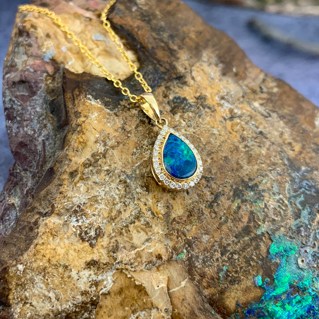 14kt Yellow Gold pearshape Opal doublet halo pendant - Masterpiece Jewellery Opal & Gems Sydney Australia | Online Shop