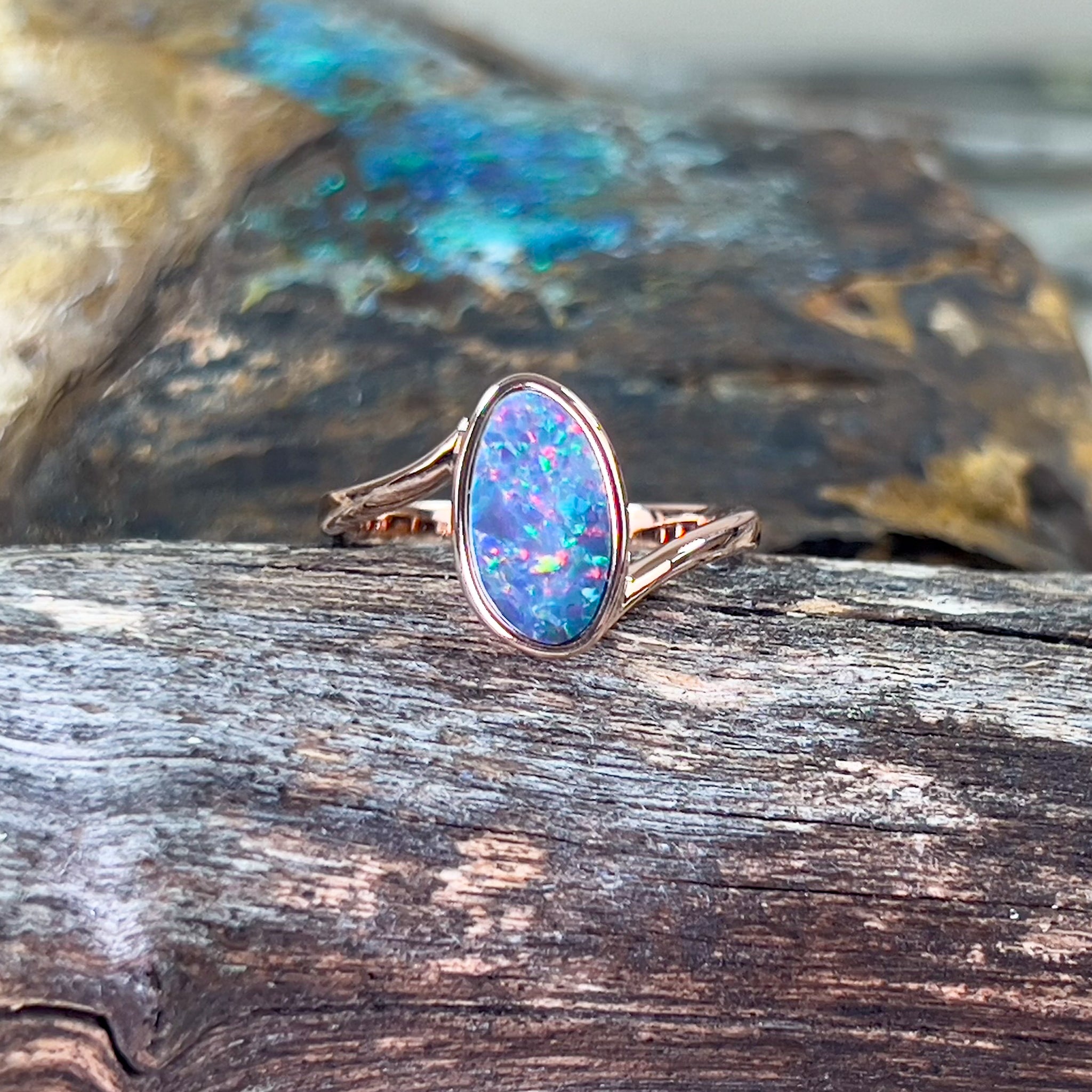 Rose Gold plated split shank Opal doublet ring - Masterpiece Jewellery Opal & Gems Sydney Australia | Online Shop