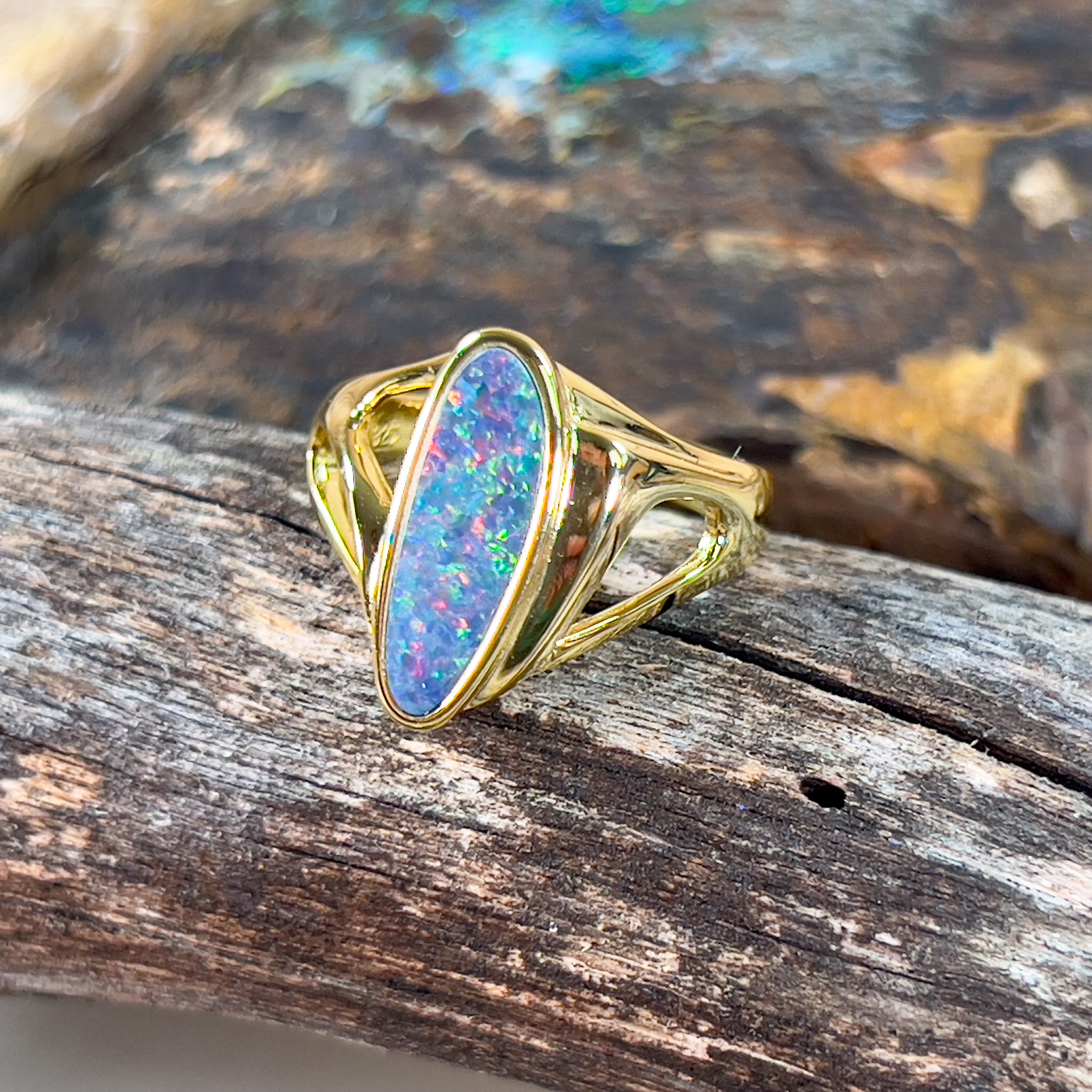 Sterling Silver Gold plated cut out patterned Opal doublet ring - Masterpiece Jewellery Opal & Gems Sydney Australia | Online Shop
