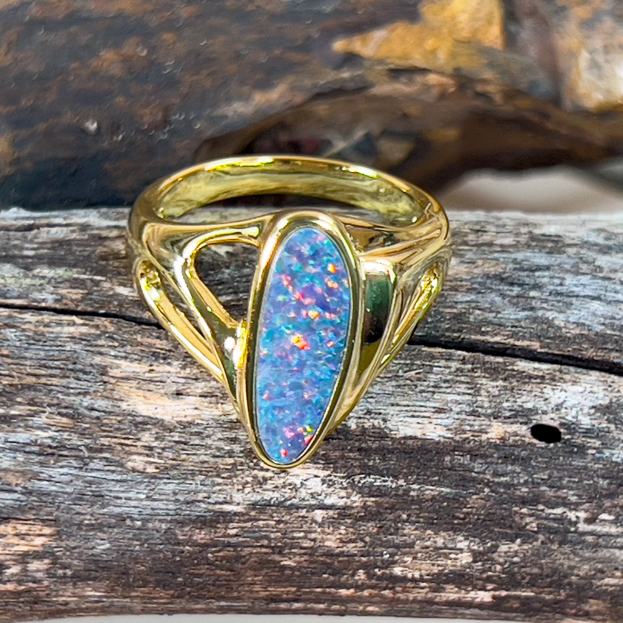 Sterling Silver Gold plated cut out patterned Opal doublet ring - Masterpiece Jewellery Opal & Gems Sydney Australia | Online Shop
