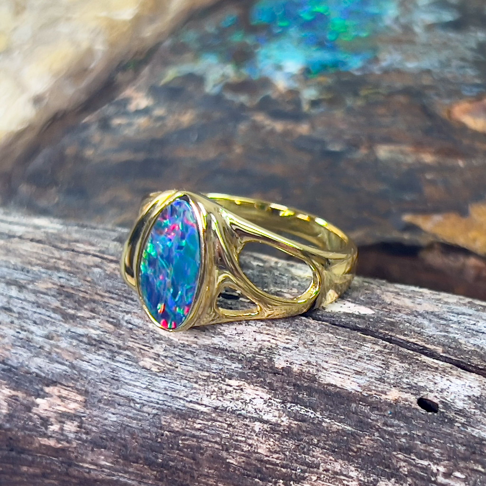 Gold plated Sterling Silver shaped cut out pattern opal doublet ring - Masterpiece Jewellery Opal & Gems Sydney Australia | Online Shop