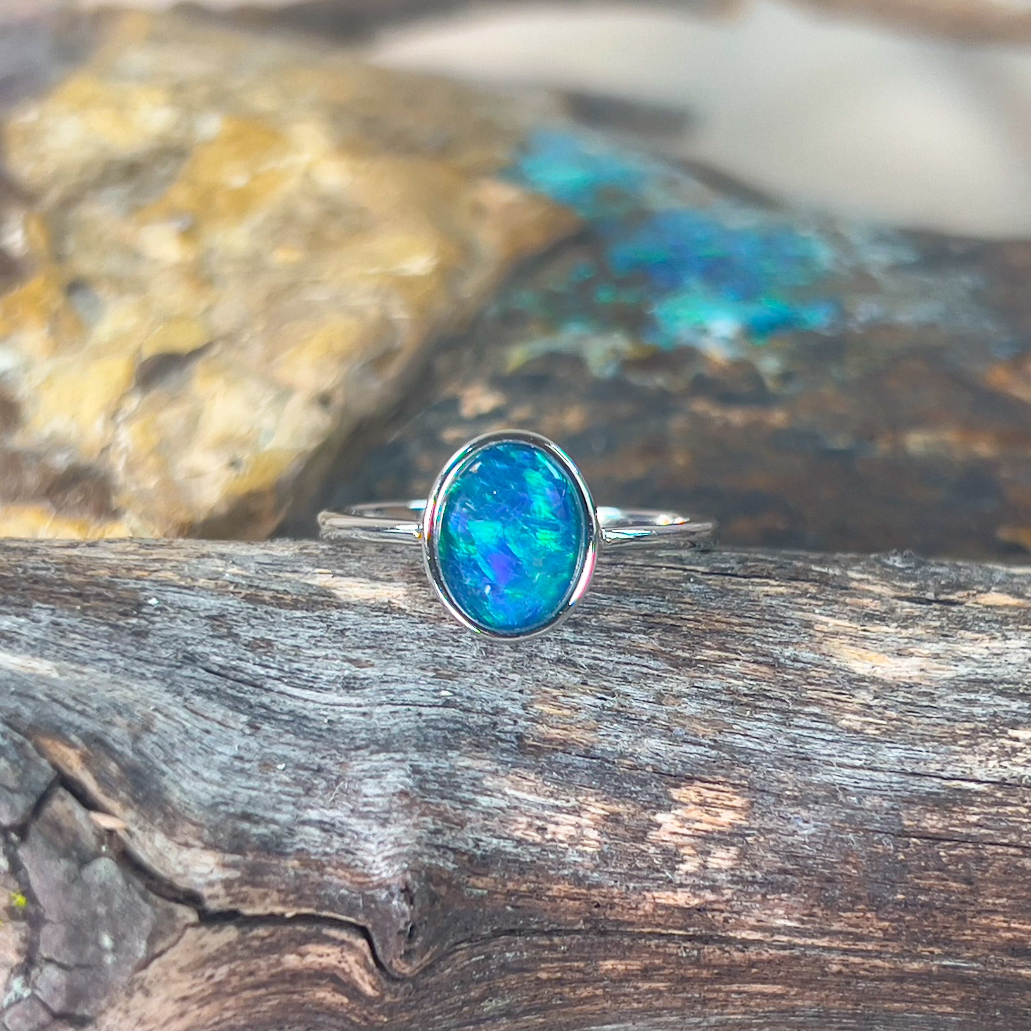 Sterling Silver Opal bezel 9x7mm Blue Opal triplet ring - Masterpiece Jewellery Opal & Gems Sydney Australia | Online Shop