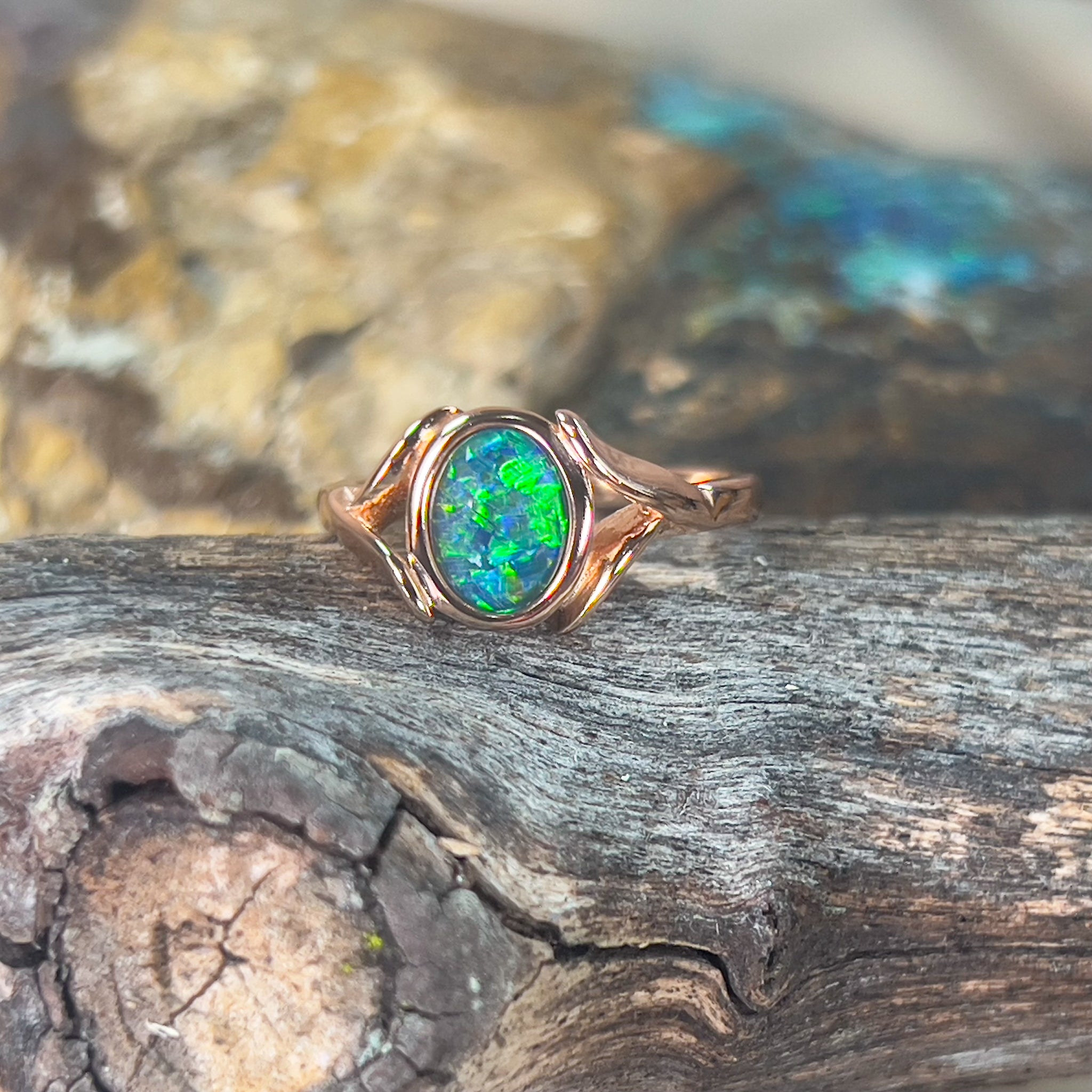 Rose Gold Sterling Silver plated Opal 8x6mm shaped band ring - Masterpiece Jewellery Opal & Gems Sydney Australia | Online Shop