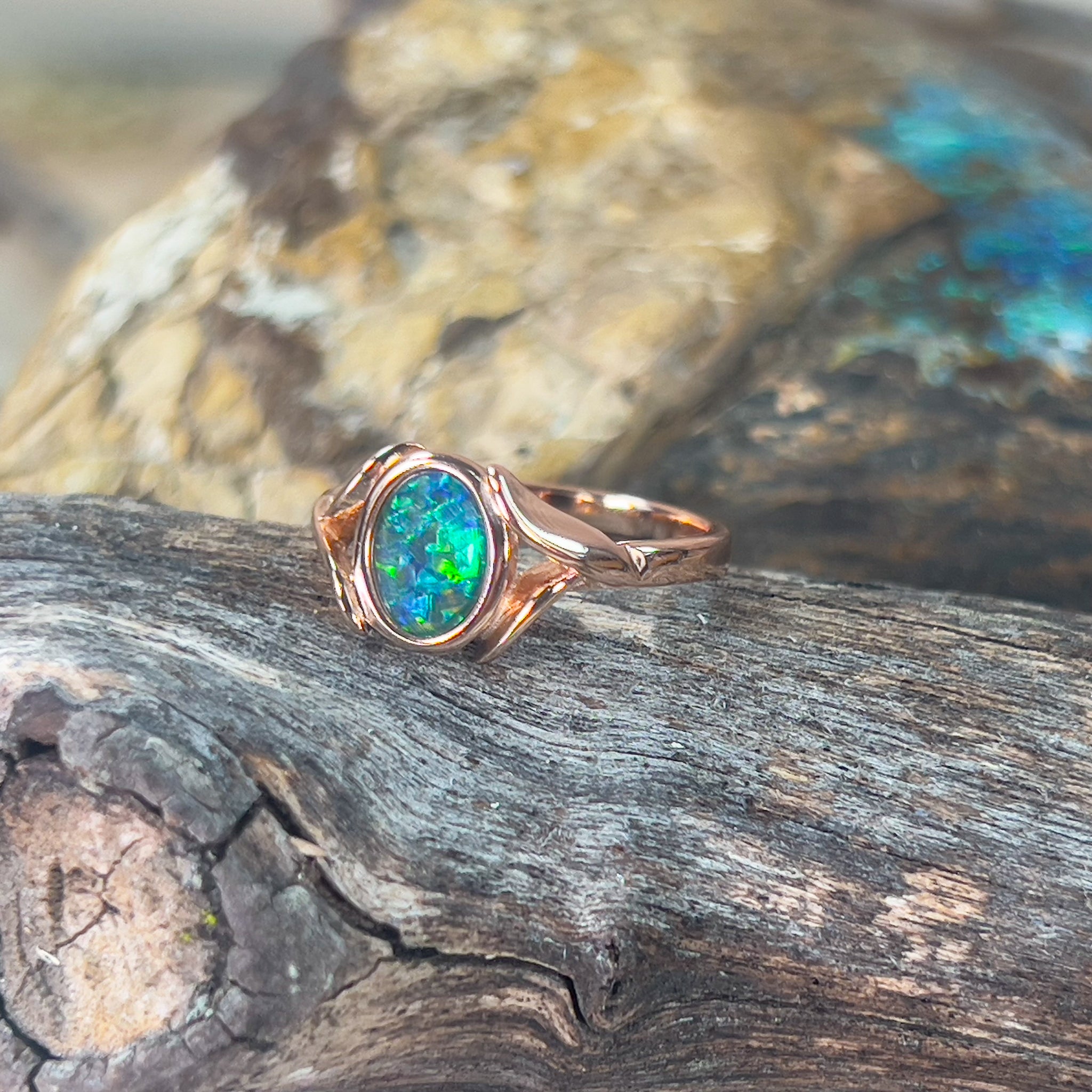 Rose Gold Sterling Silver plated Opal 8x6mm shaped band ring - Masterpiece Jewellery Opal & Gems Sydney Australia | Online Shop