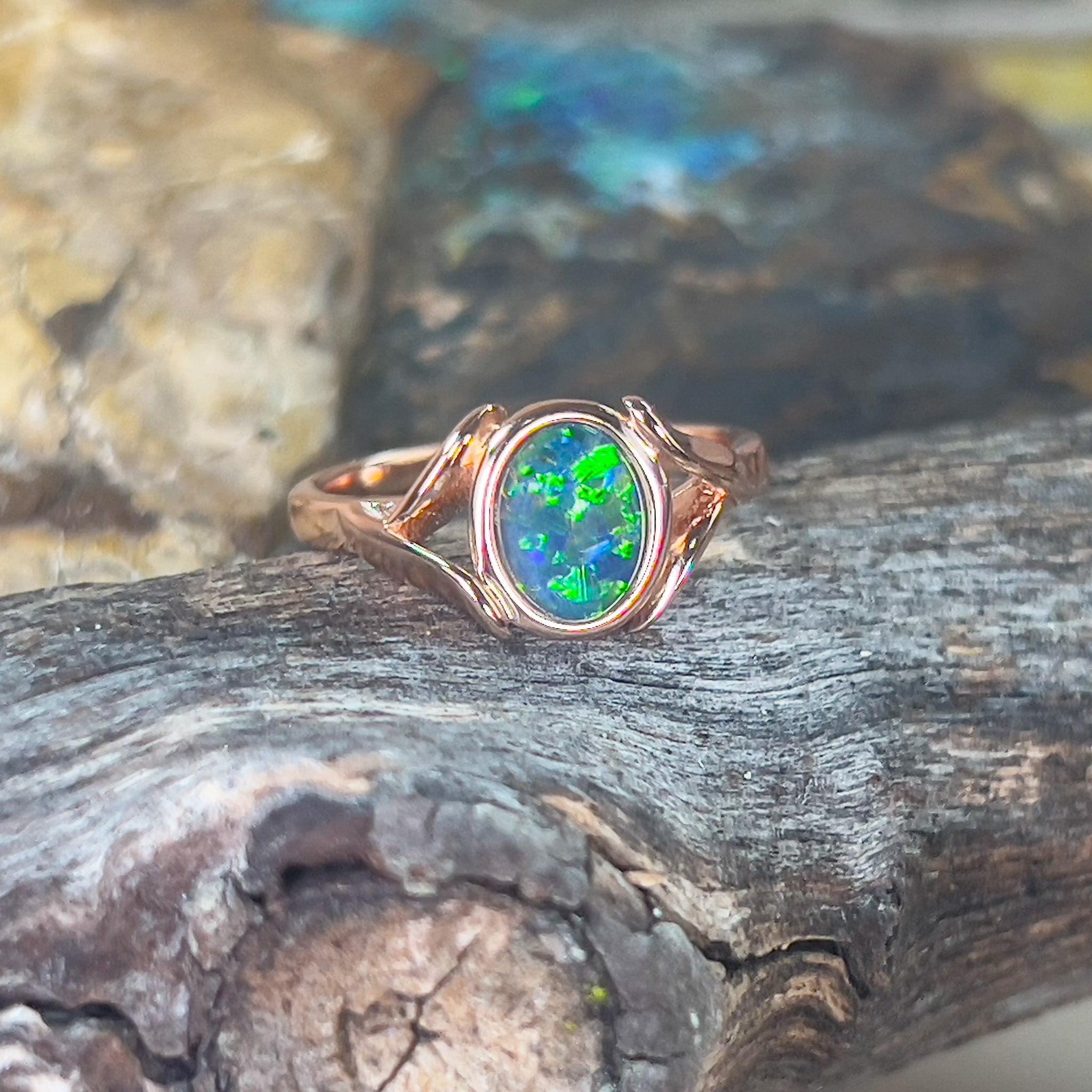 Rose Gold Sterling Silver plated Opal 8x6mm shaped band ring - Masterpiece Jewellery Opal & Gems Sydney Australia | Online Shop