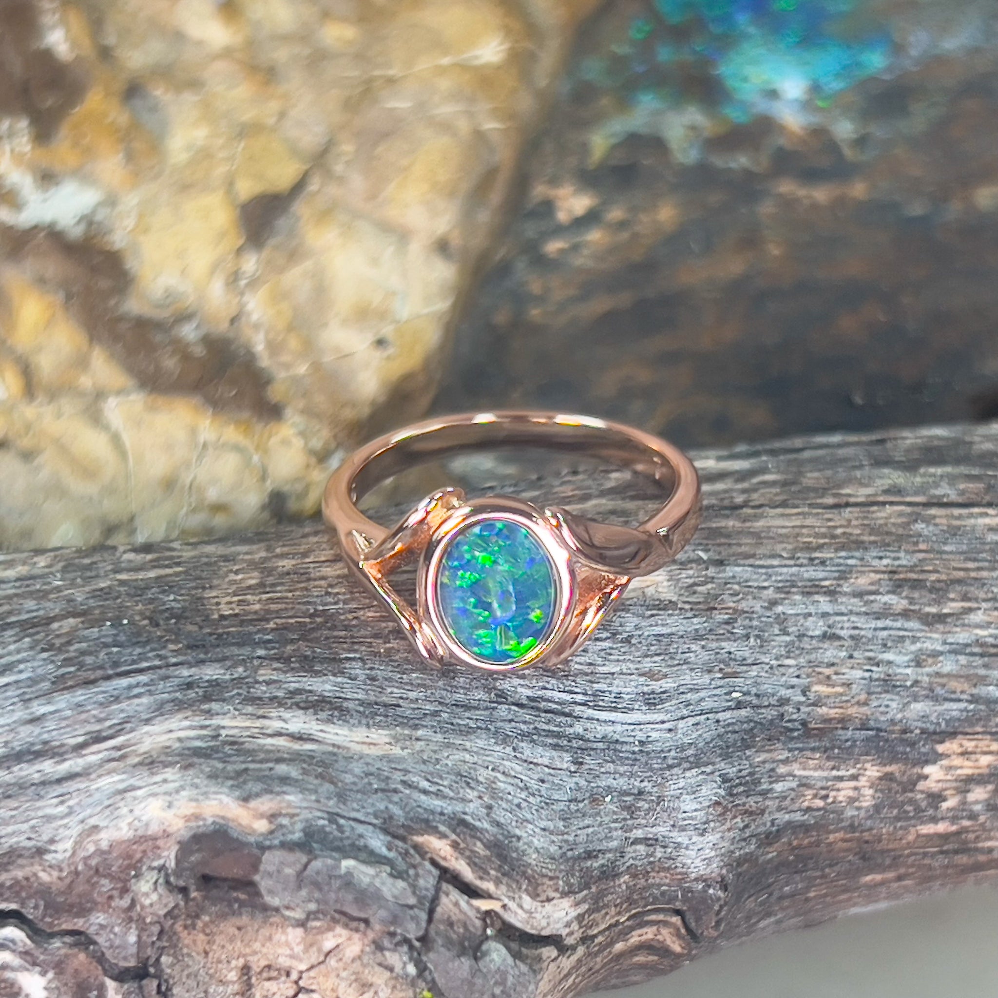 Rose Gold Sterling Silver plated Opal 8x6mm shaped band ring - Masterpiece Jewellery Opal & Gems Sydney Australia | Online Shop