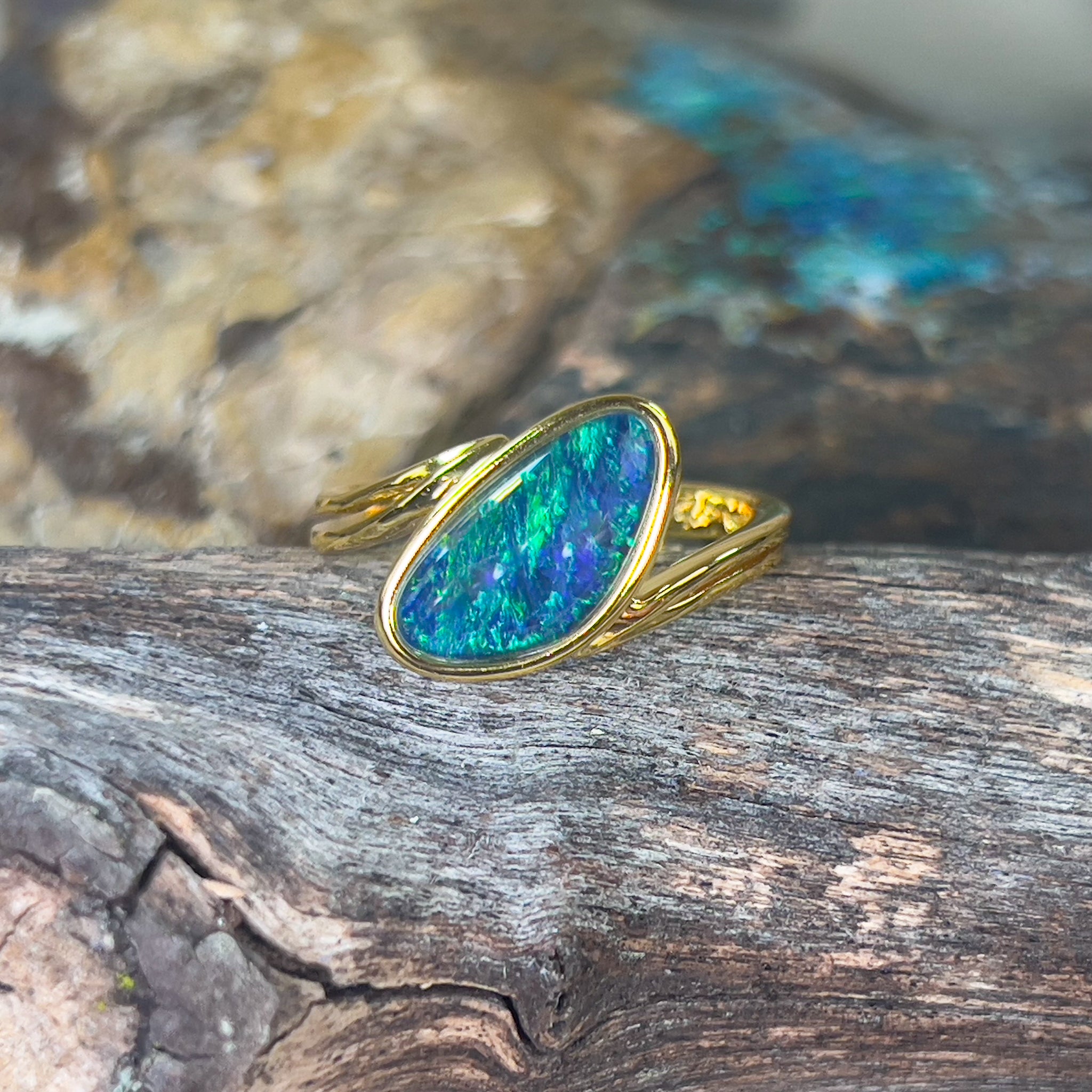 Gold Plated Sterling Silver Blue Green Opal freeform ring - Masterpiece Jewellery Opal & Gems Sydney Australia | Online Shop