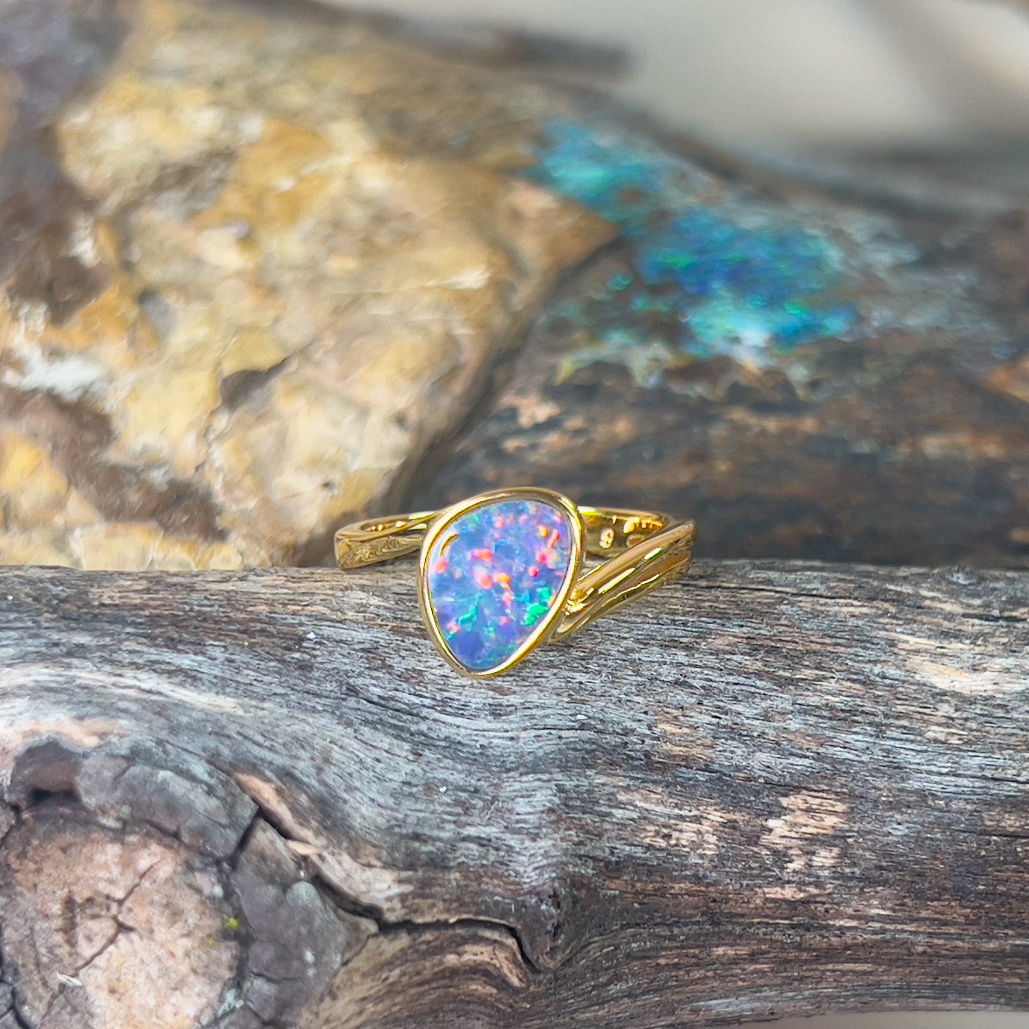 Gold plated Sterling Silver Opal doublet solitaire split shank ring - Masterpiece Jewellery Opal & Gems Sydney Australia | Online Shop