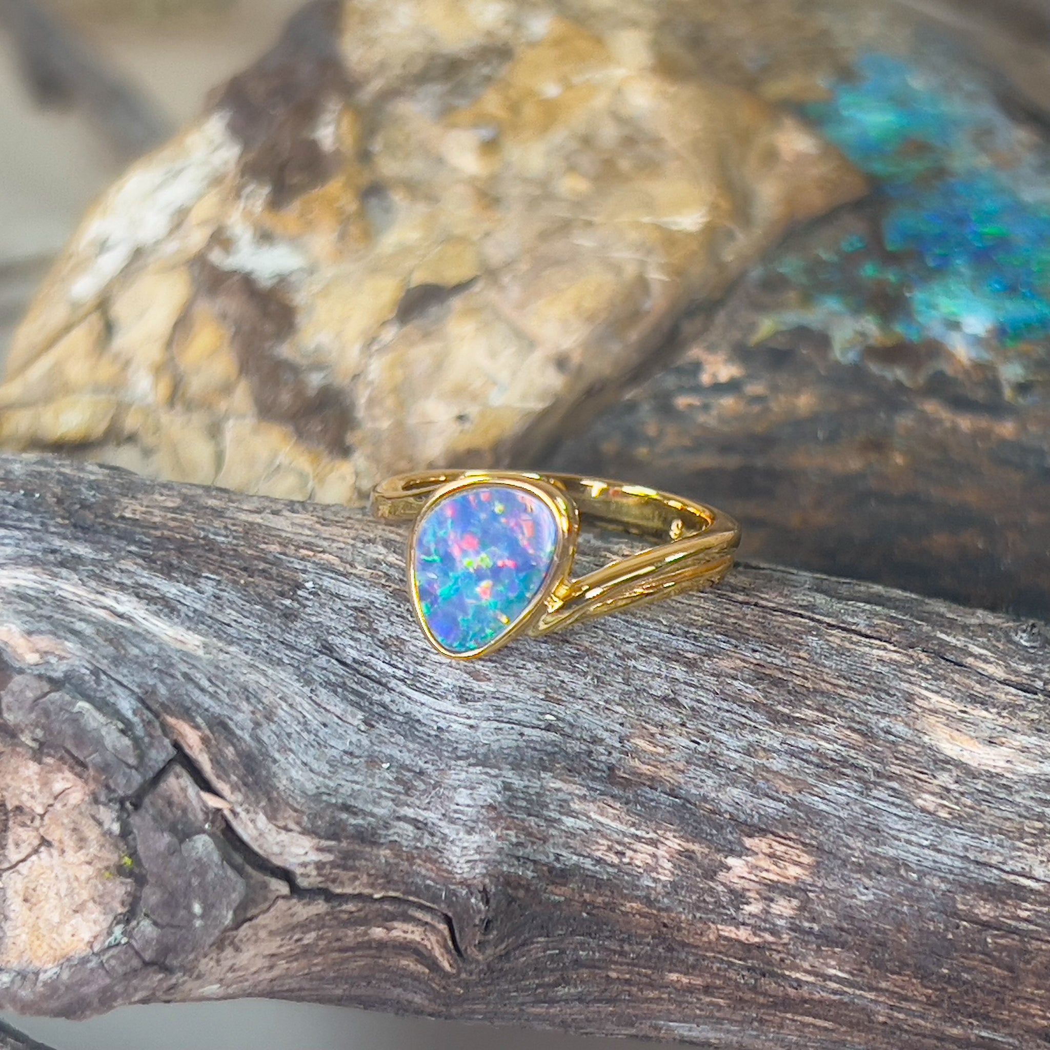 Gold plated Sterling Silver Opal doublet solitaire split shank ring - Masterpiece Jewellery Opal & Gems Sydney Australia | Online Shop