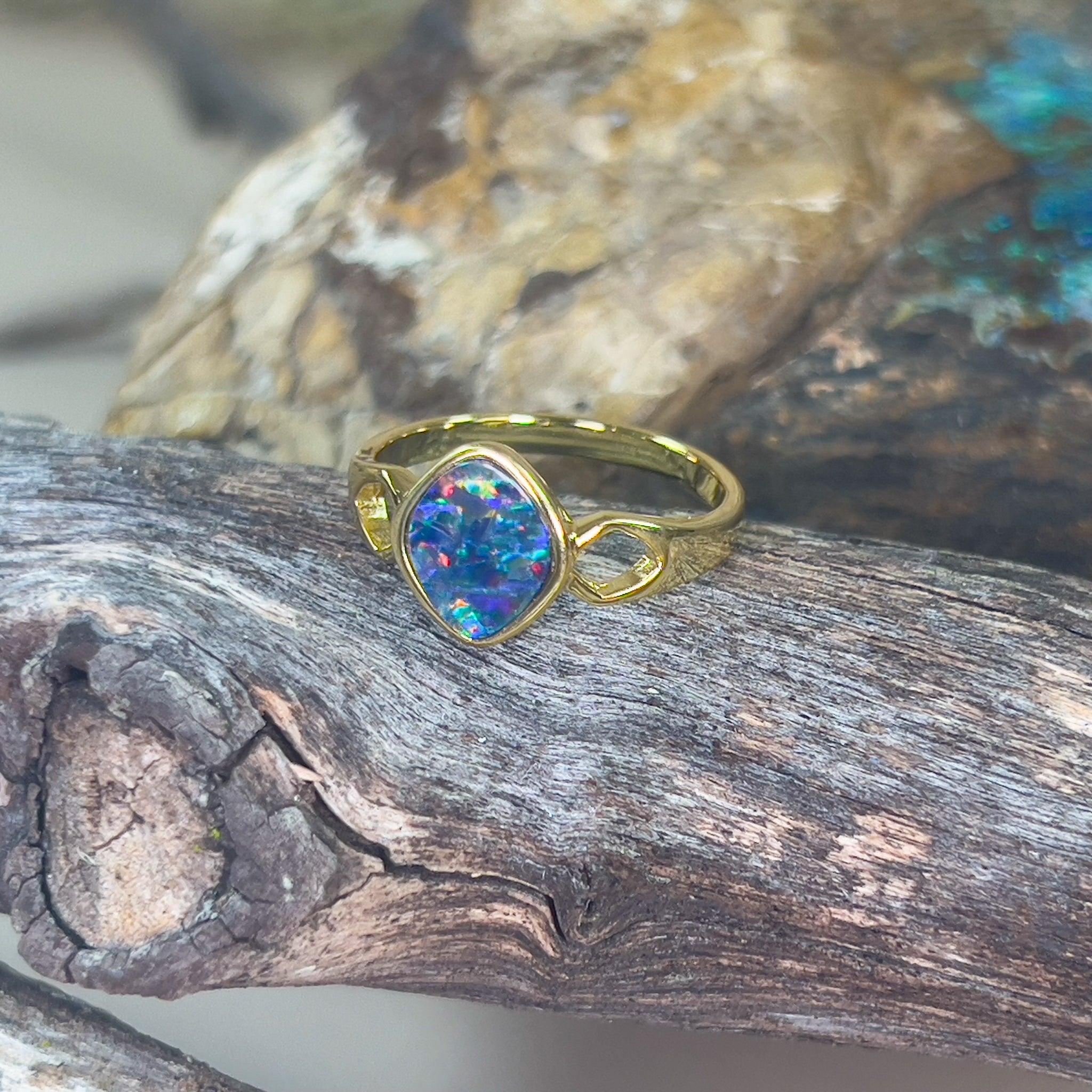 Gold plated sterling silver Opal doublet diamond shape ring - Masterpiece Jewellery Opal & Gems Sydney Australia | Online Shop