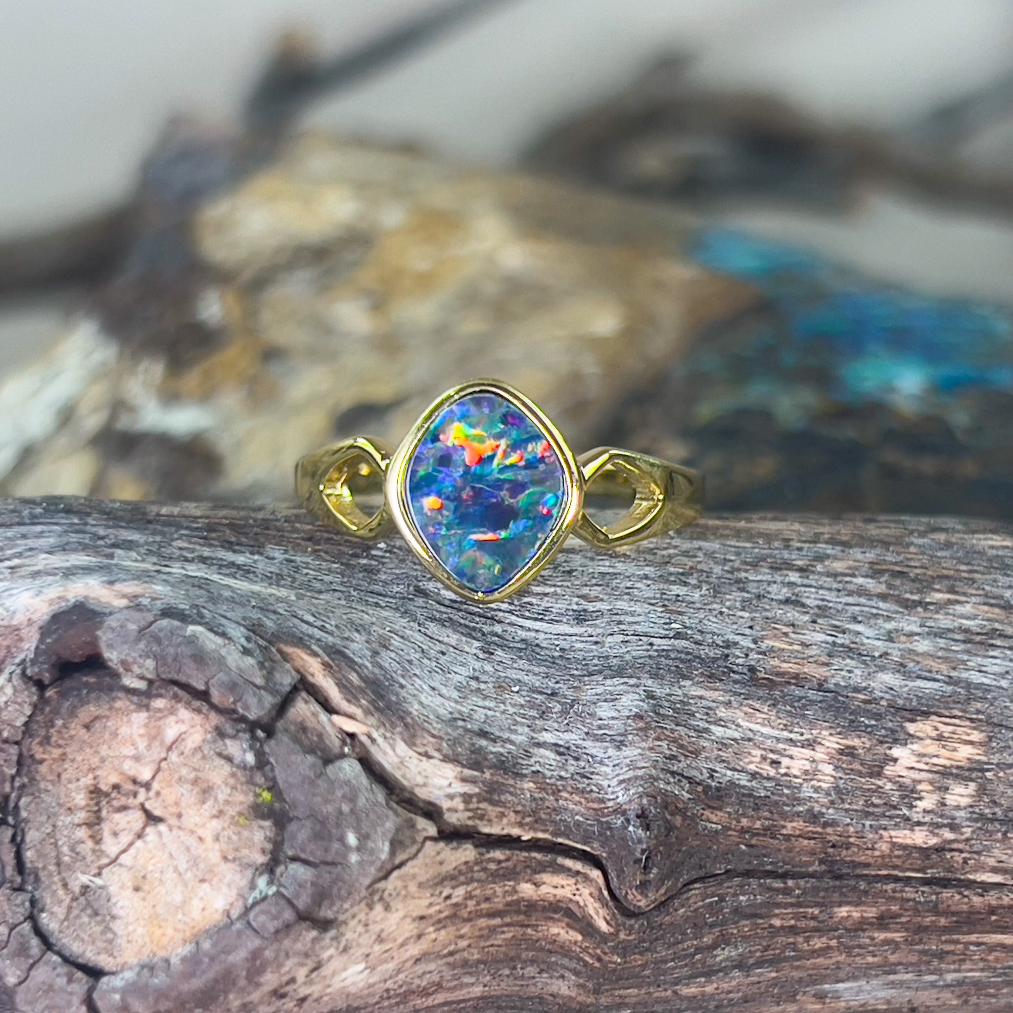 Gold plated sterling silver Opal doublet diamond shape ring - Masterpiece Jewellery Opal & Gems Sydney Australia | Online Shop