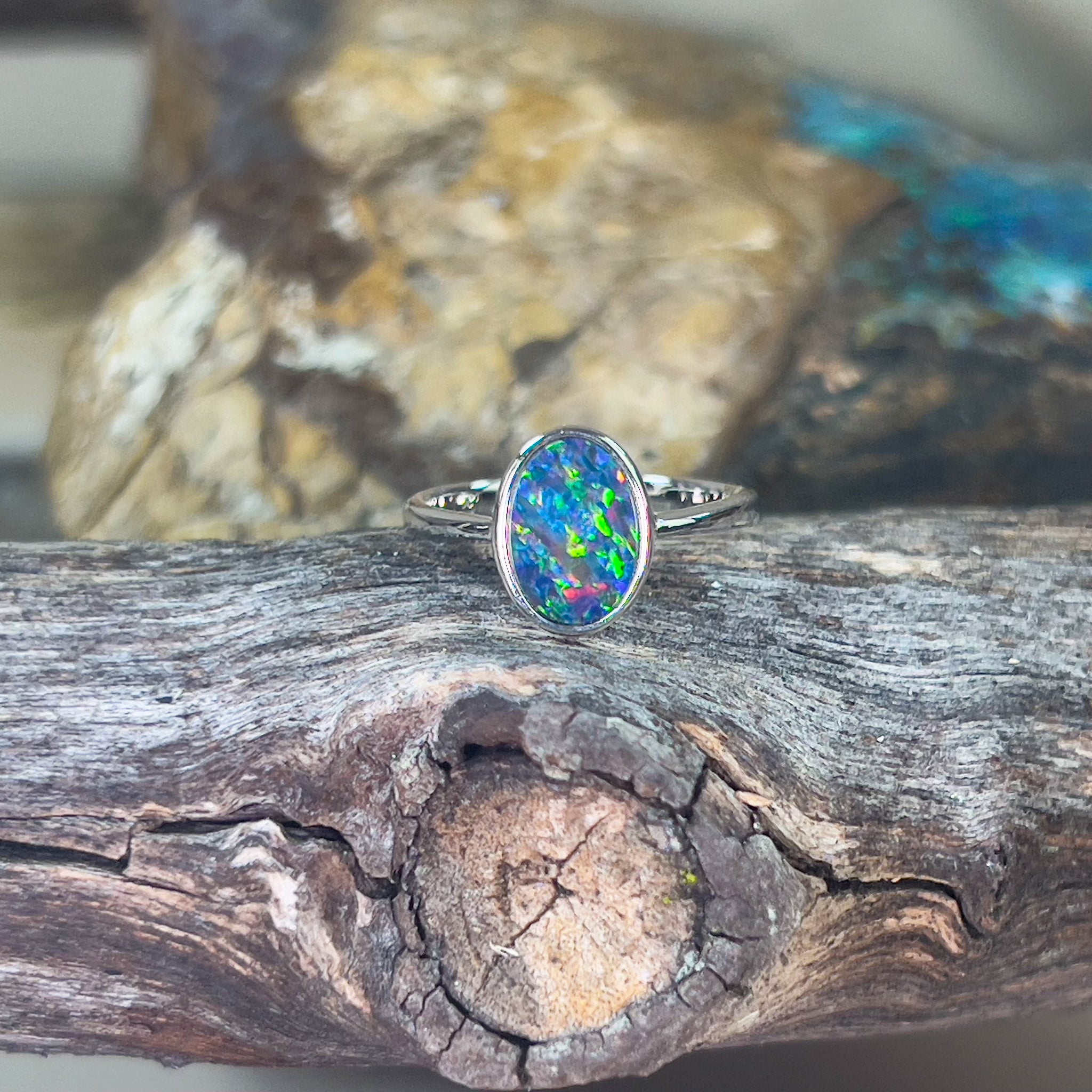 Sterling Silver 10x7mm Opal doublet solitaire ring - Masterpiece Jewellery Opal & Gems Sydney Australia | Online Shop