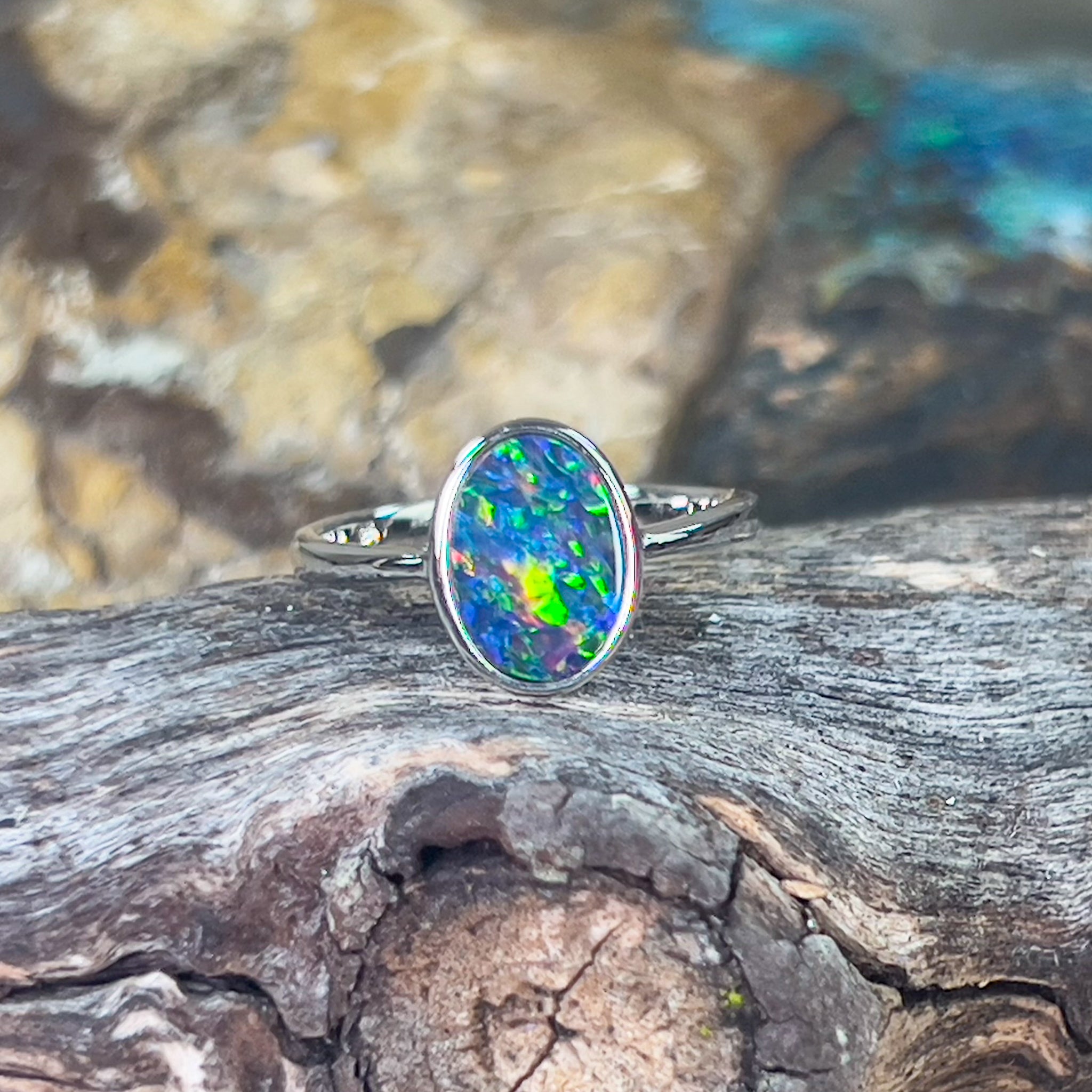 Sterling Silver 10x7mm Opal doublet solitaire ring - Masterpiece Jewellery Opal & Gems Sydney Australia | Online Shop