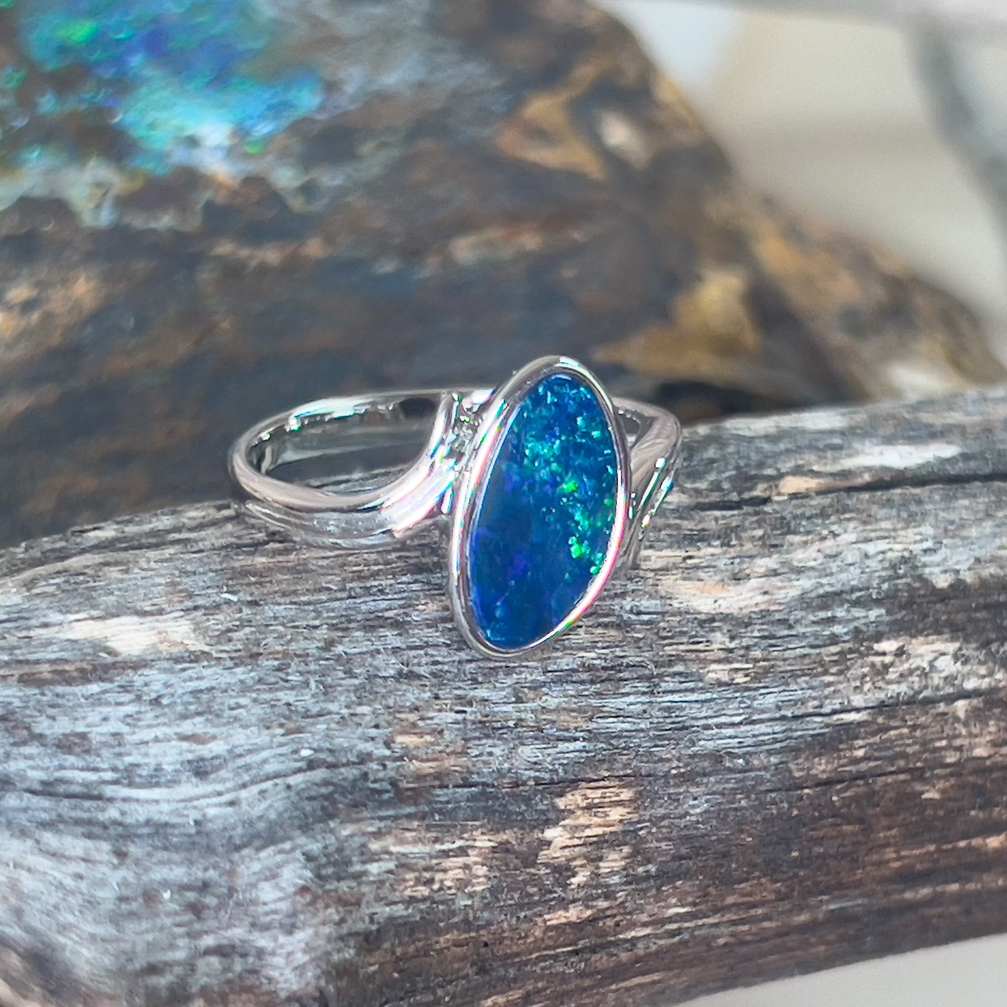 Sterling Silver Blue Opal doublet curved shank ring - Masterpiece Jewellery Opal & Gems Sydney Australia | Online Shop