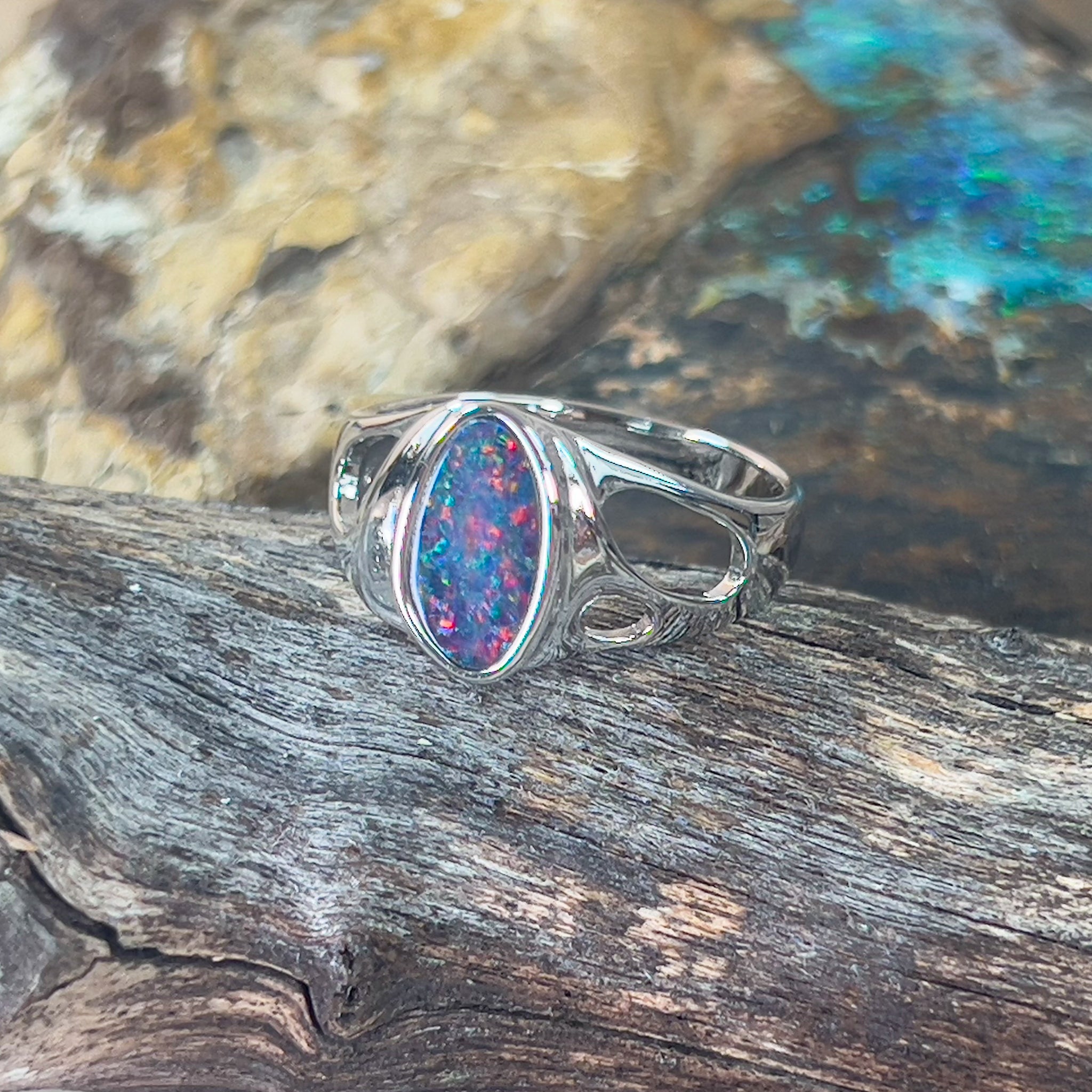 Sterling Silver cut out band freeform Opal doublet ring - Masterpiece Jewellery Opal & Gems Sydney Australia | Online Shop