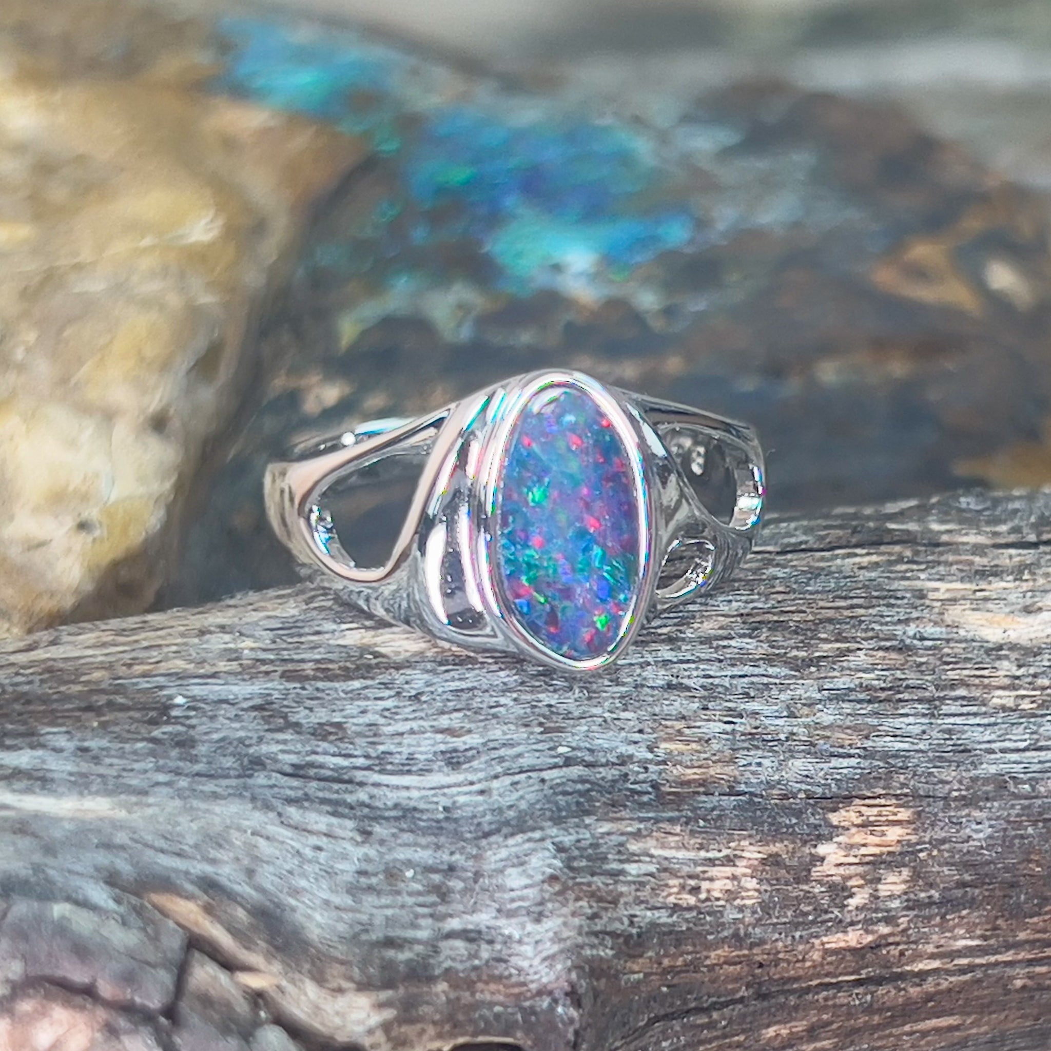 Sterling Silver cut out band freeform Opal doublet ring - Masterpiece Jewellery Opal & Gems Sydney Australia | Online Shop