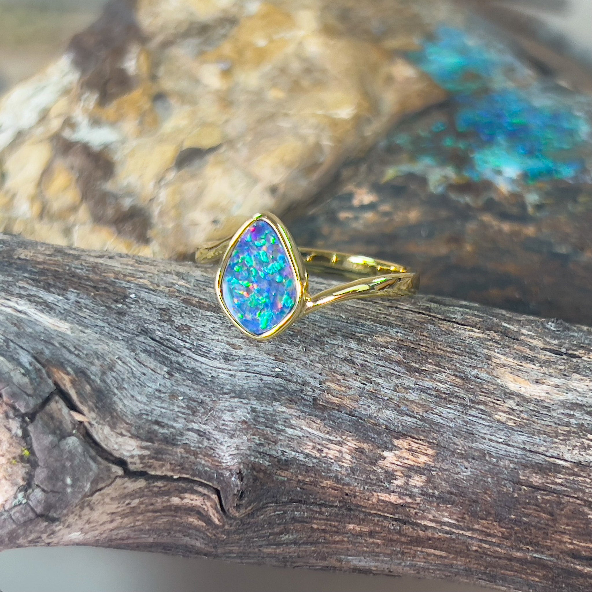 Gold plated Sterling Silver curved Opal doublet solitaire ring - Masterpiece Jewellery Opal & Gems Sydney Australia | Online Shop