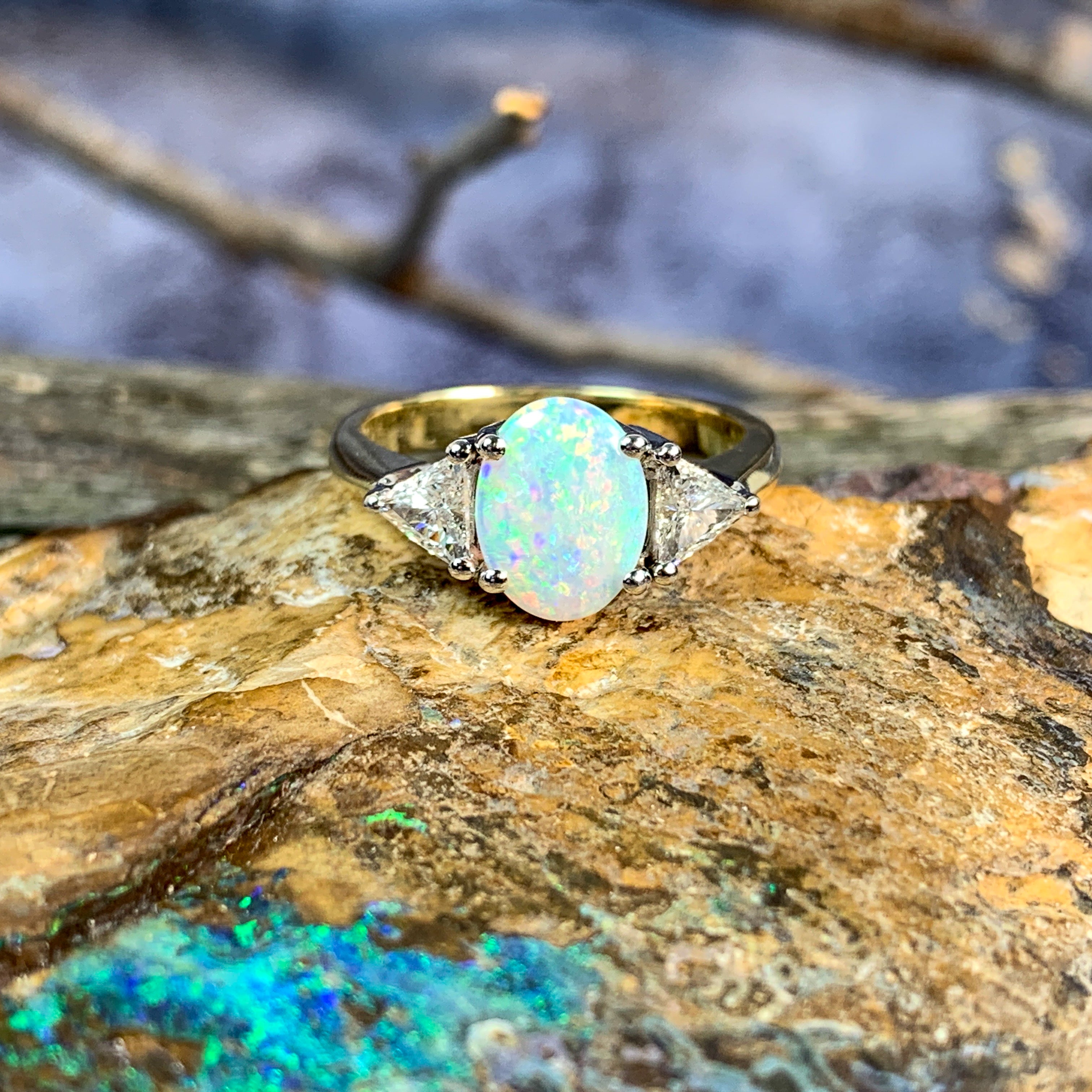 18kt Yellow and White Gold Crystal Opal 1.4ct amd trillion cut diamond ring - Masterpiece Jewellery Opal & Gems Sydney Australia | Online Shop