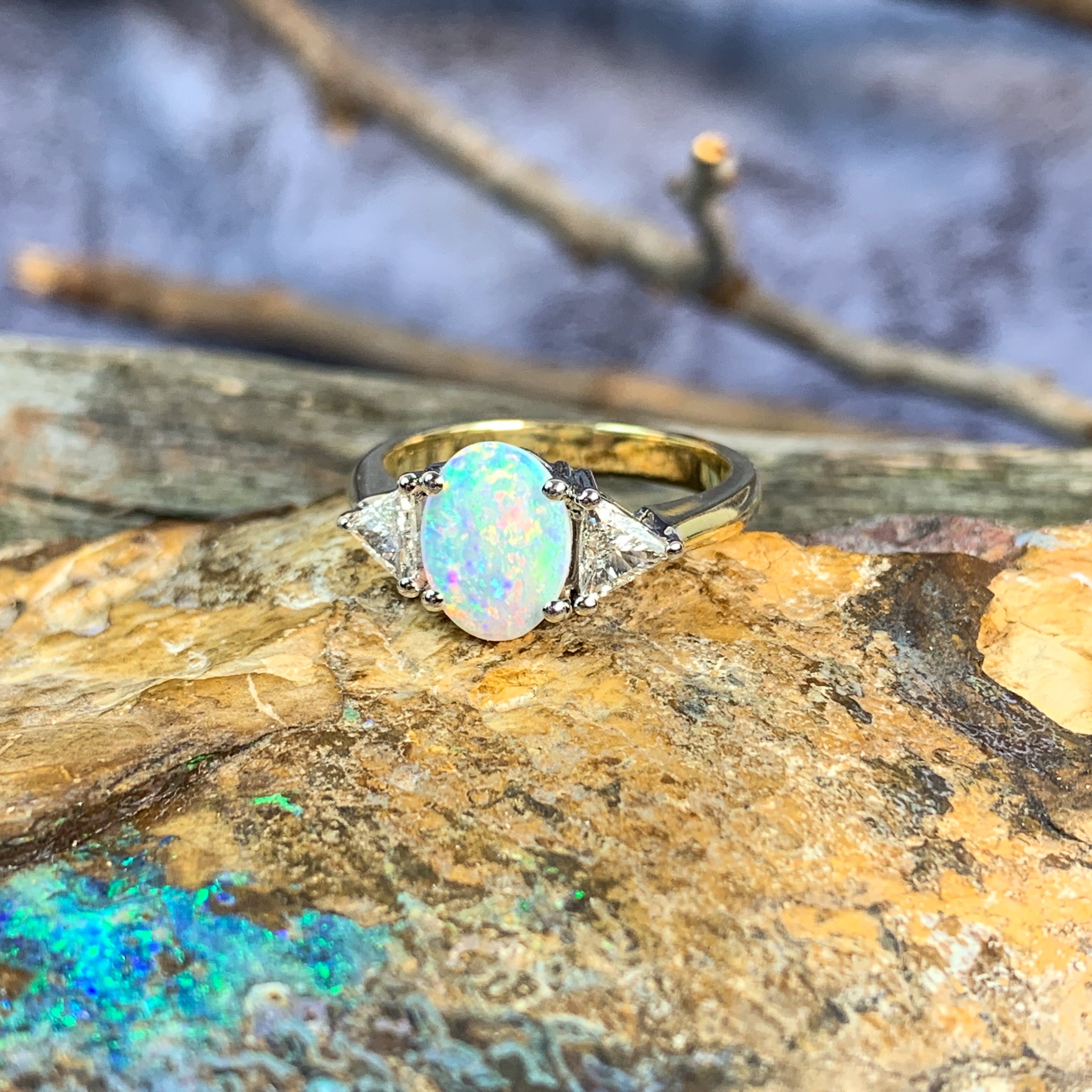 18kt Yellow and White Gold Crystal Opal 1.4ct amd trillion cut diamond ring - Masterpiece Jewellery Opal & Gems Sydney Australia | Online Shop